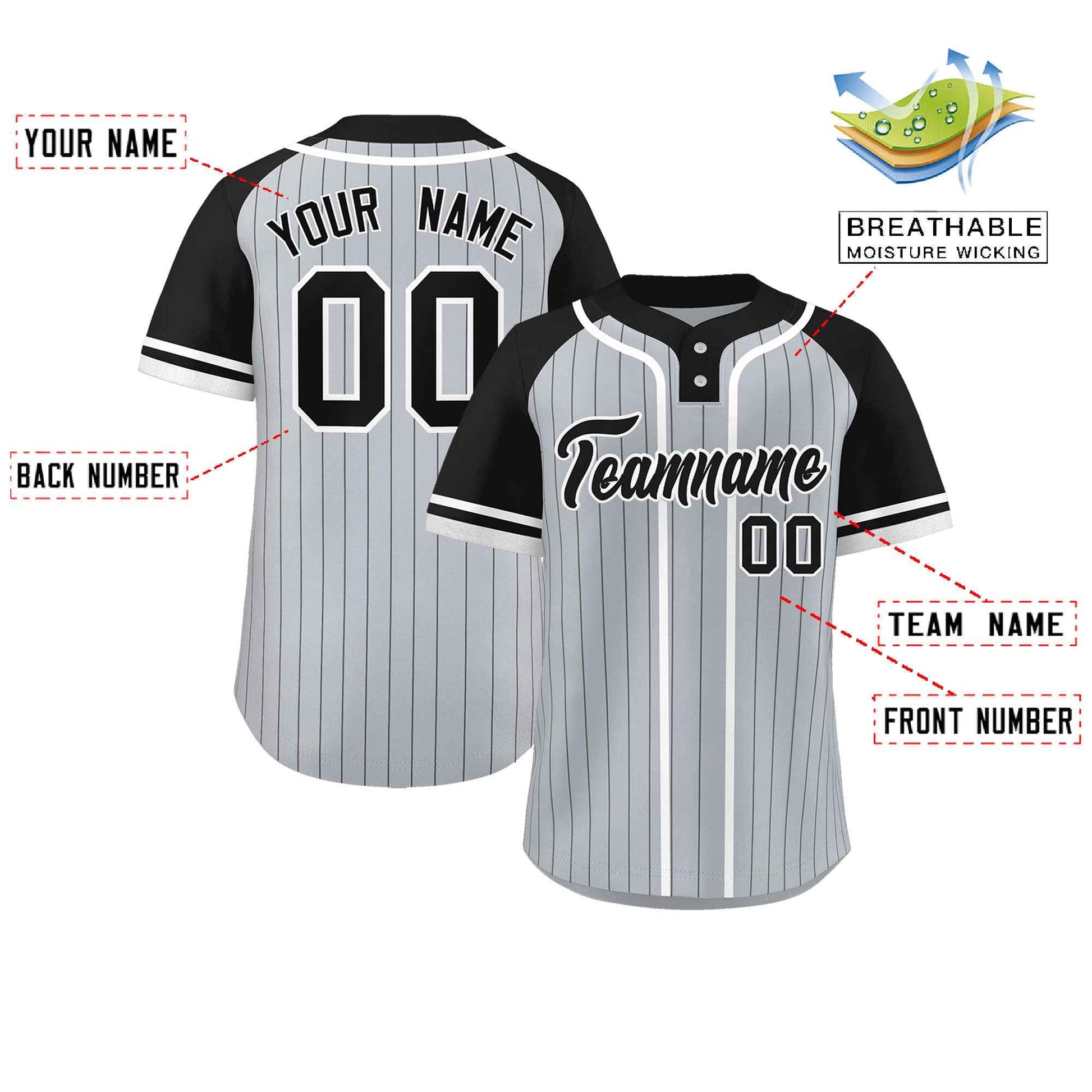 Custom Gray Black-White Stripe Fashion Raglan Sleeves Authentic Two-Button Baseball Jersey