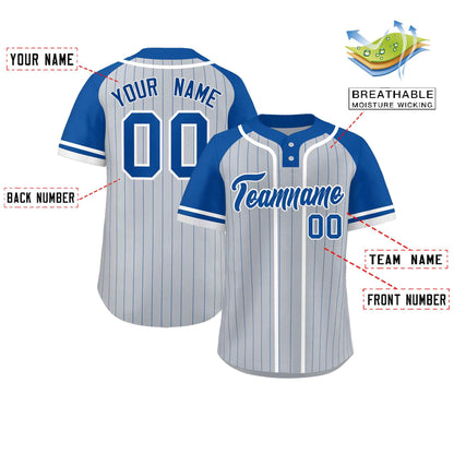 Custom Gray Royal-White Stripe Fashion Raglan Sleeves Authentic Two-Button Baseball Jersey