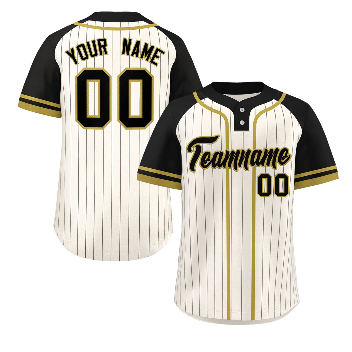 Custom Cream Black-Old Gold Stripe Fashion Raglan Sleeves Authentic Two-Button Softball Jersey