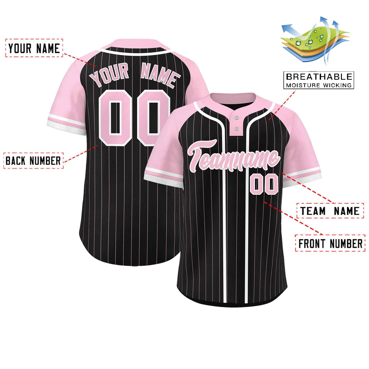 Custom Black Light Pink-White Stripe Fashion Raglan Sleeves Authentic Two-Button Softball Jersey