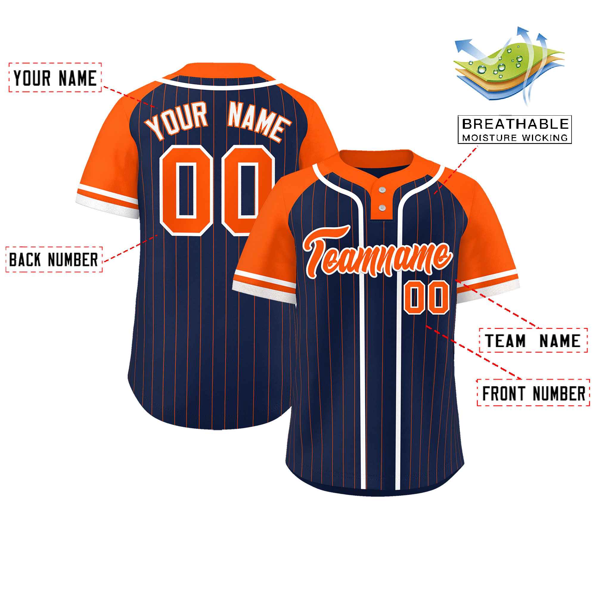 Custom Navy Orange-White Stripe Fashion Raglan Sleeves Authentic Two-Button Softball Jersey