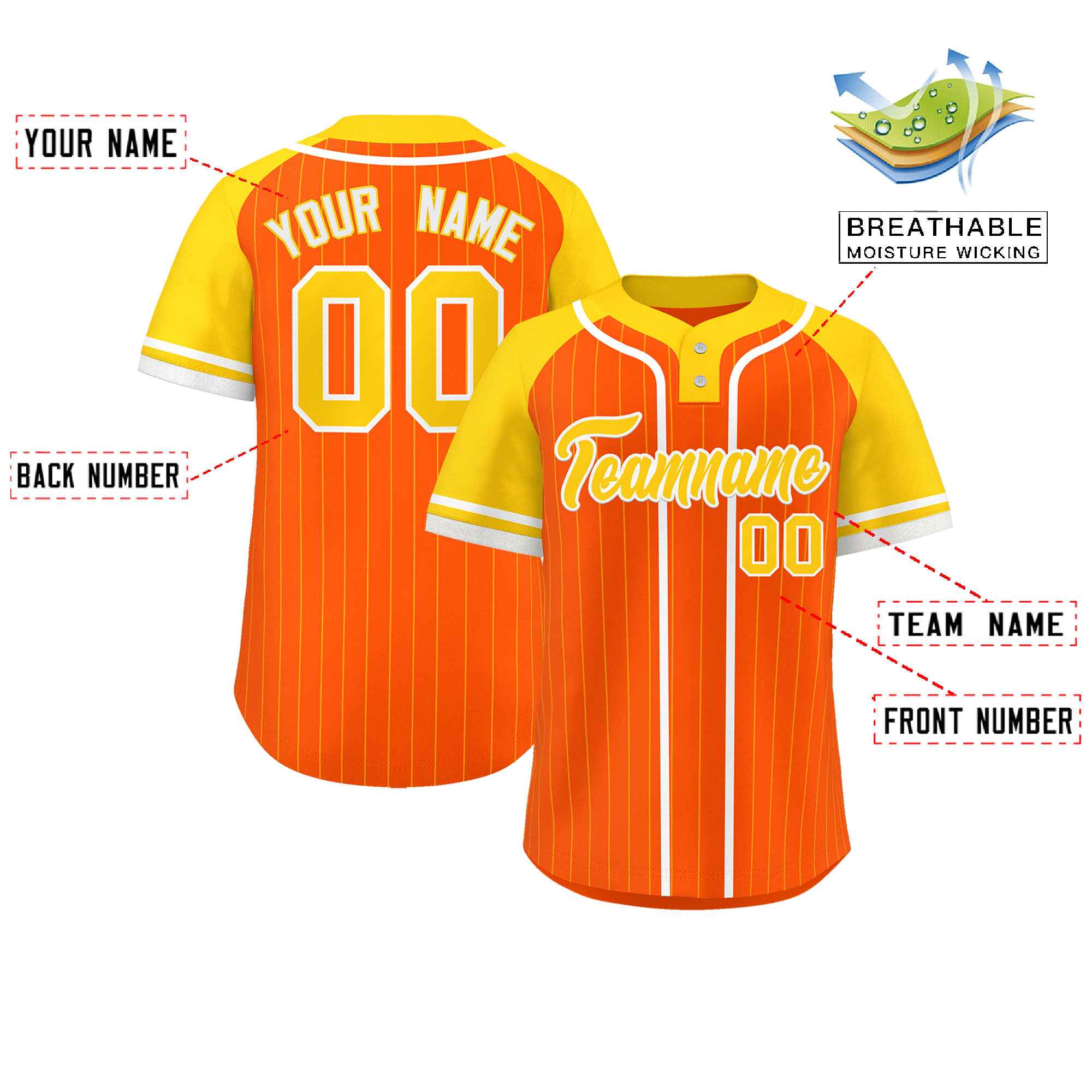 Custom Orange Gold-White Stripe Fashion Raglan Sleeves Authentic Two-Button Softball Jersey