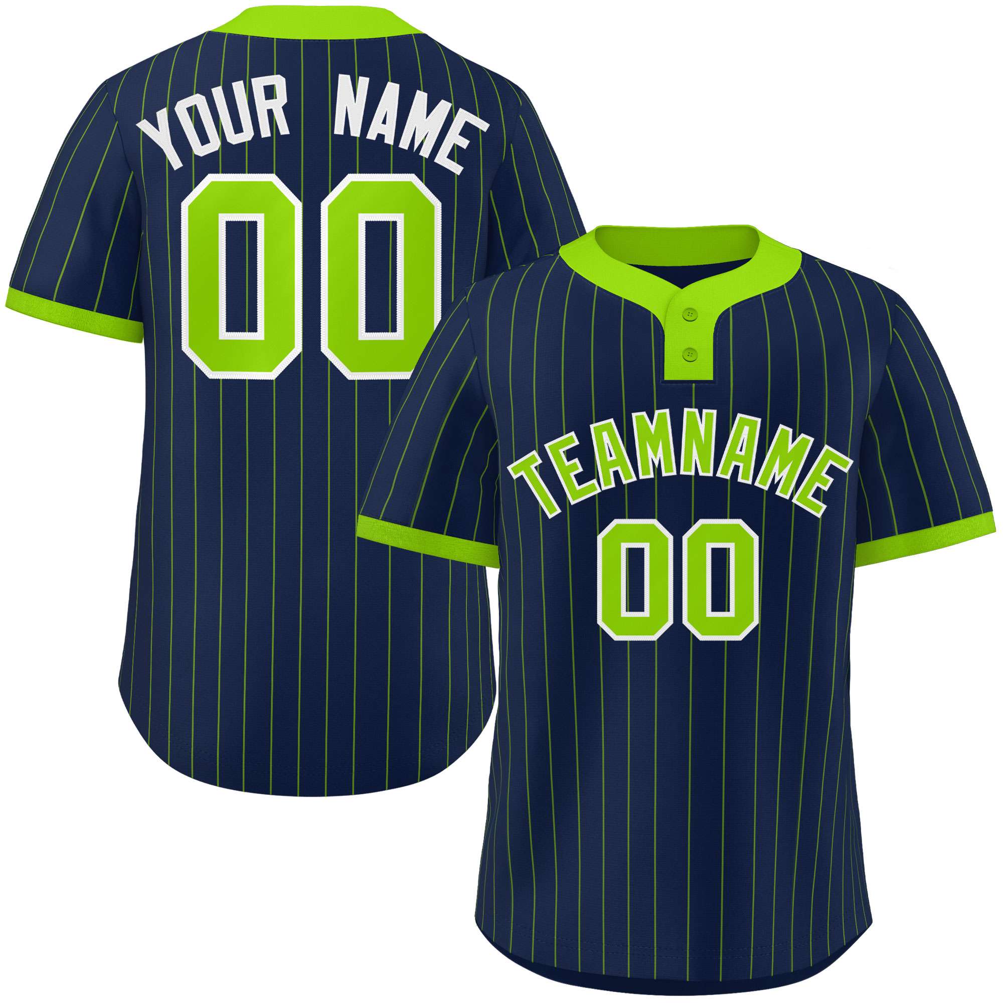 Custom Navy Neon Green Stripe Fashion Authentic Two-Button Baseball Jersey