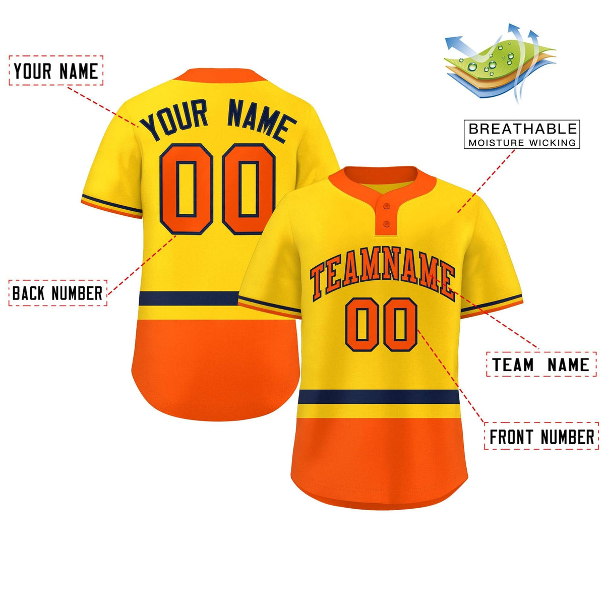 Custom Gold Navy-Orange Color Block Personalized Authentic Two-Button Baseball Jersey