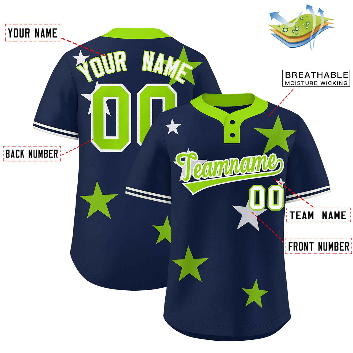 Custom Navy Neon Green Personalized Star Graffiti Pattern Authentic Two-Button Baseball Jersey