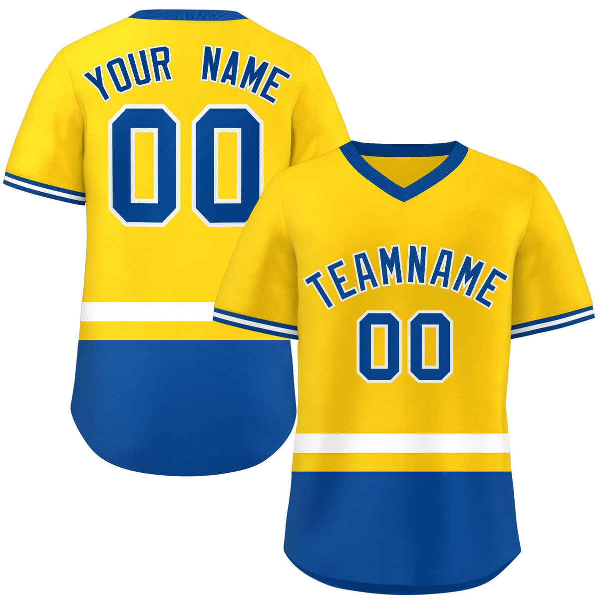Custom Gold White-Royal Color Block Personalized V-Neck Authentic Pullover Baseball Jersey