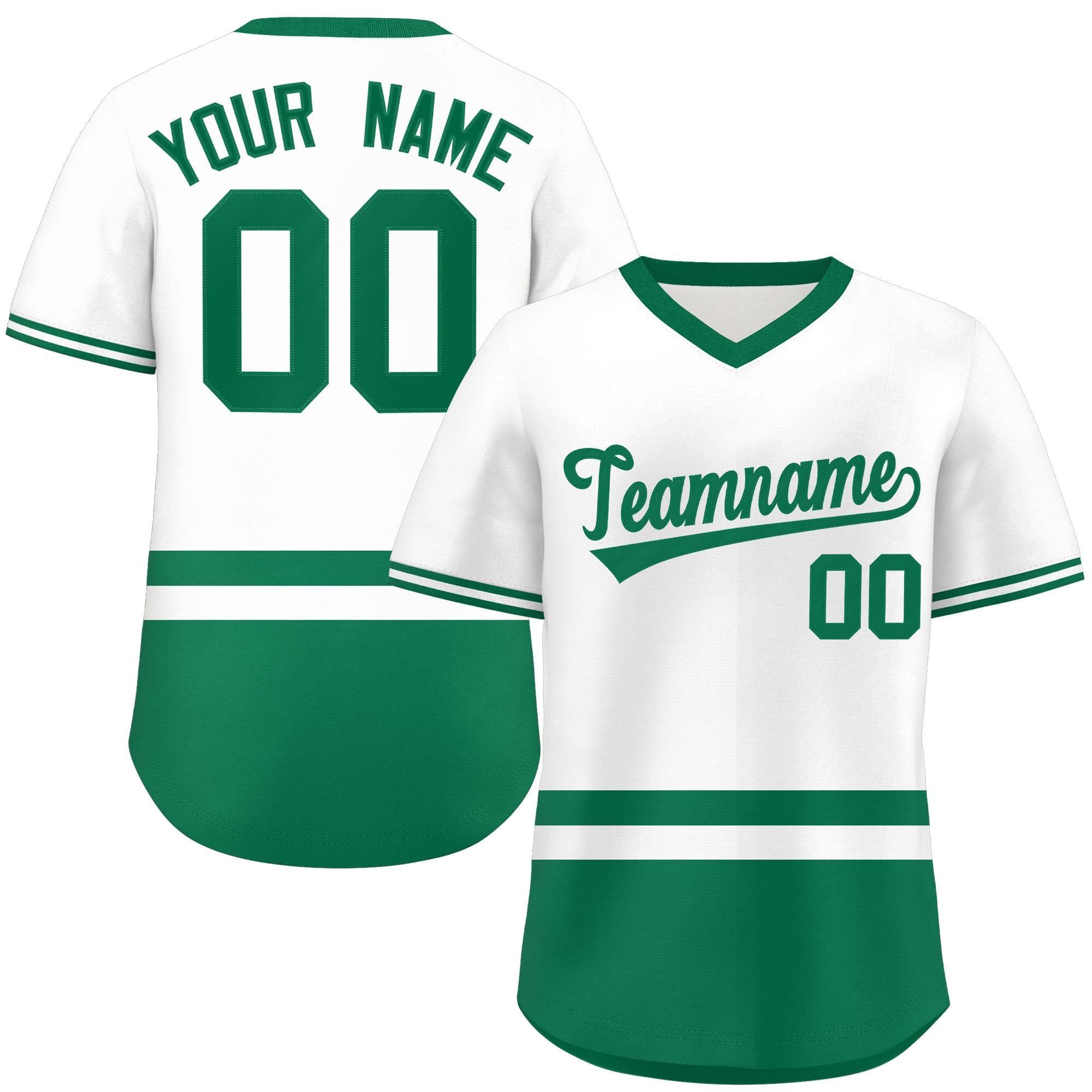 Custom White Kelly Green Color Block Personalized V-Neck Authentic Pullover Baseball Jersey