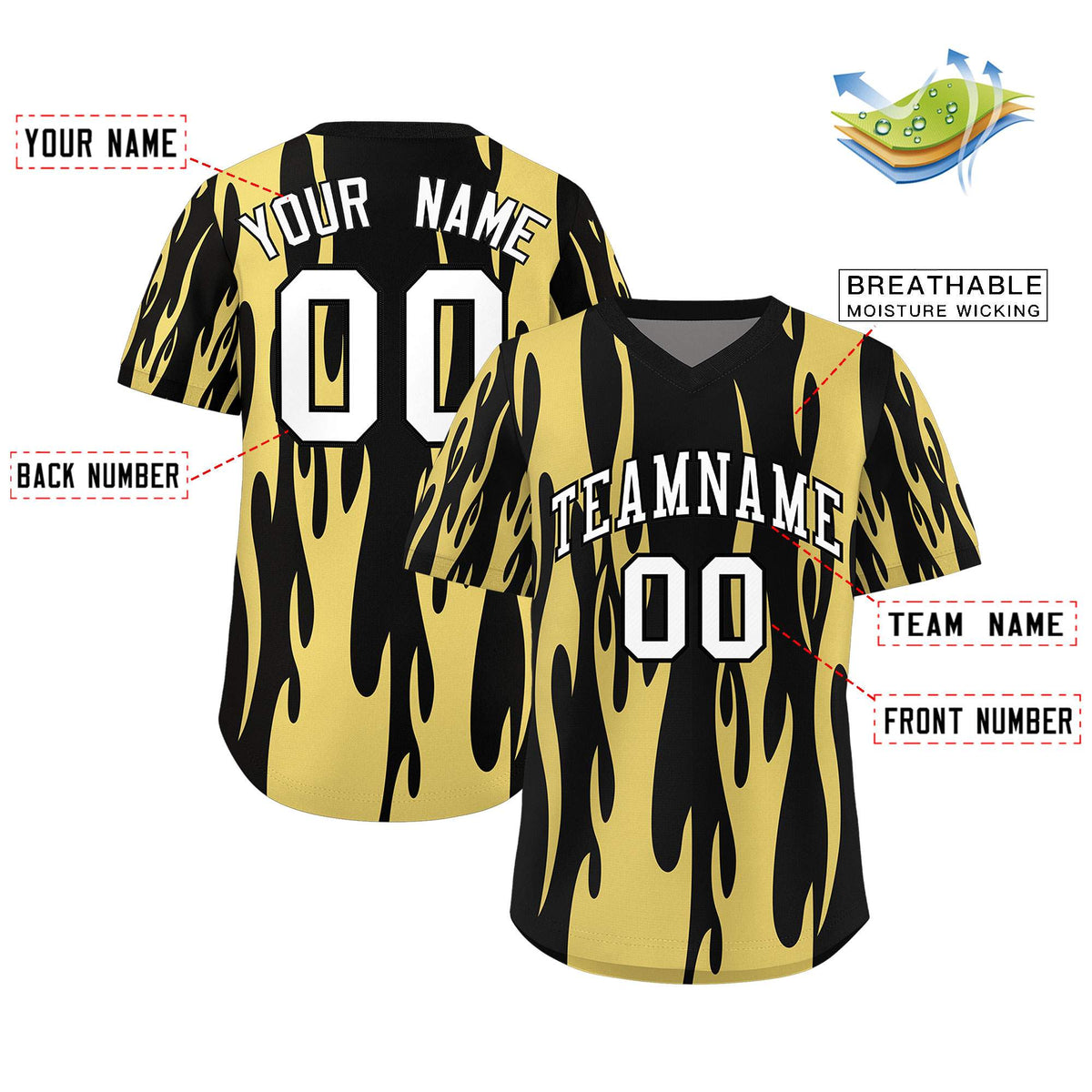 Custom Black Old Gold Flame Pattern Authentic Pullover Baseball Jersey