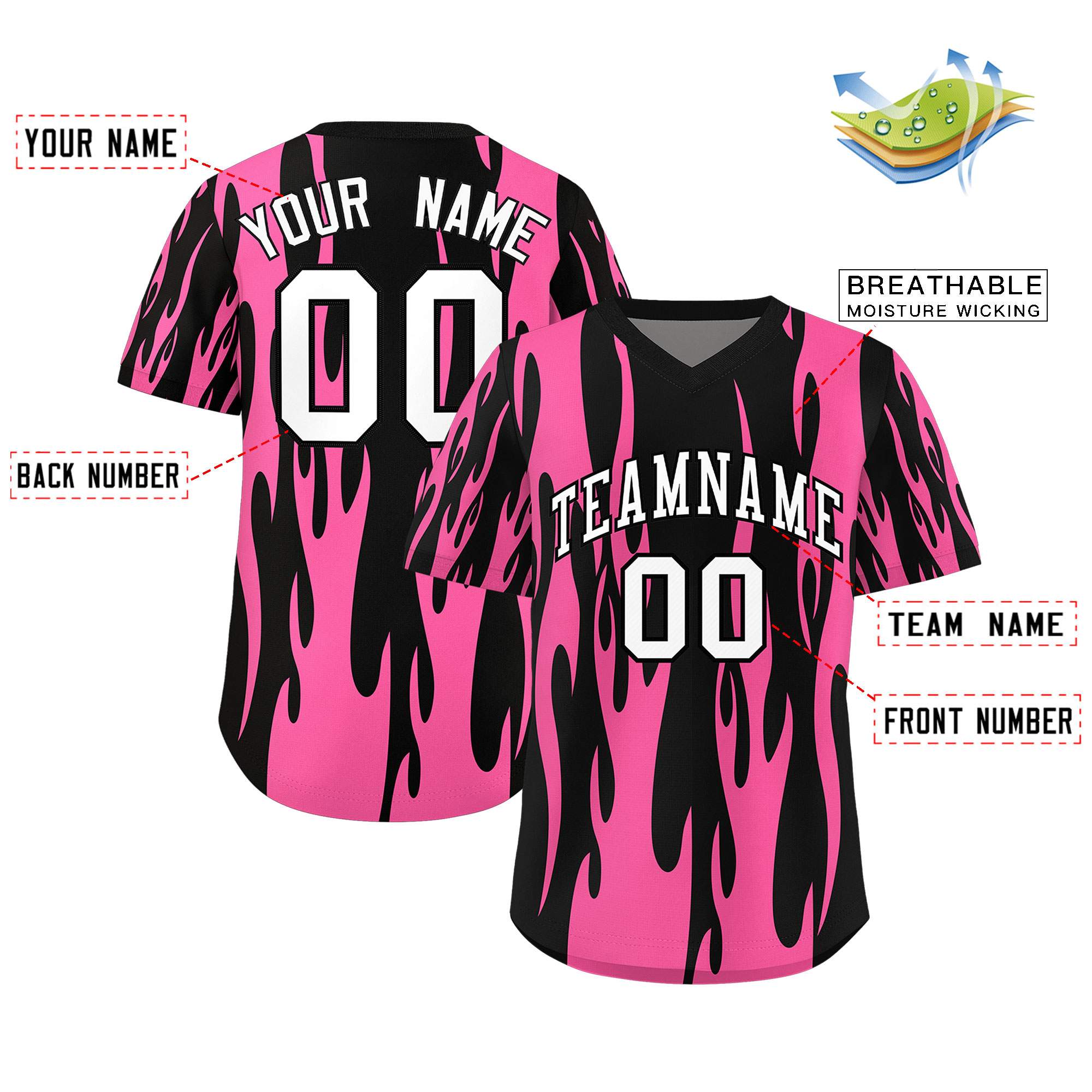 Custom Black Pink Flame Pattern Authentic Pullover Baseball Jersey