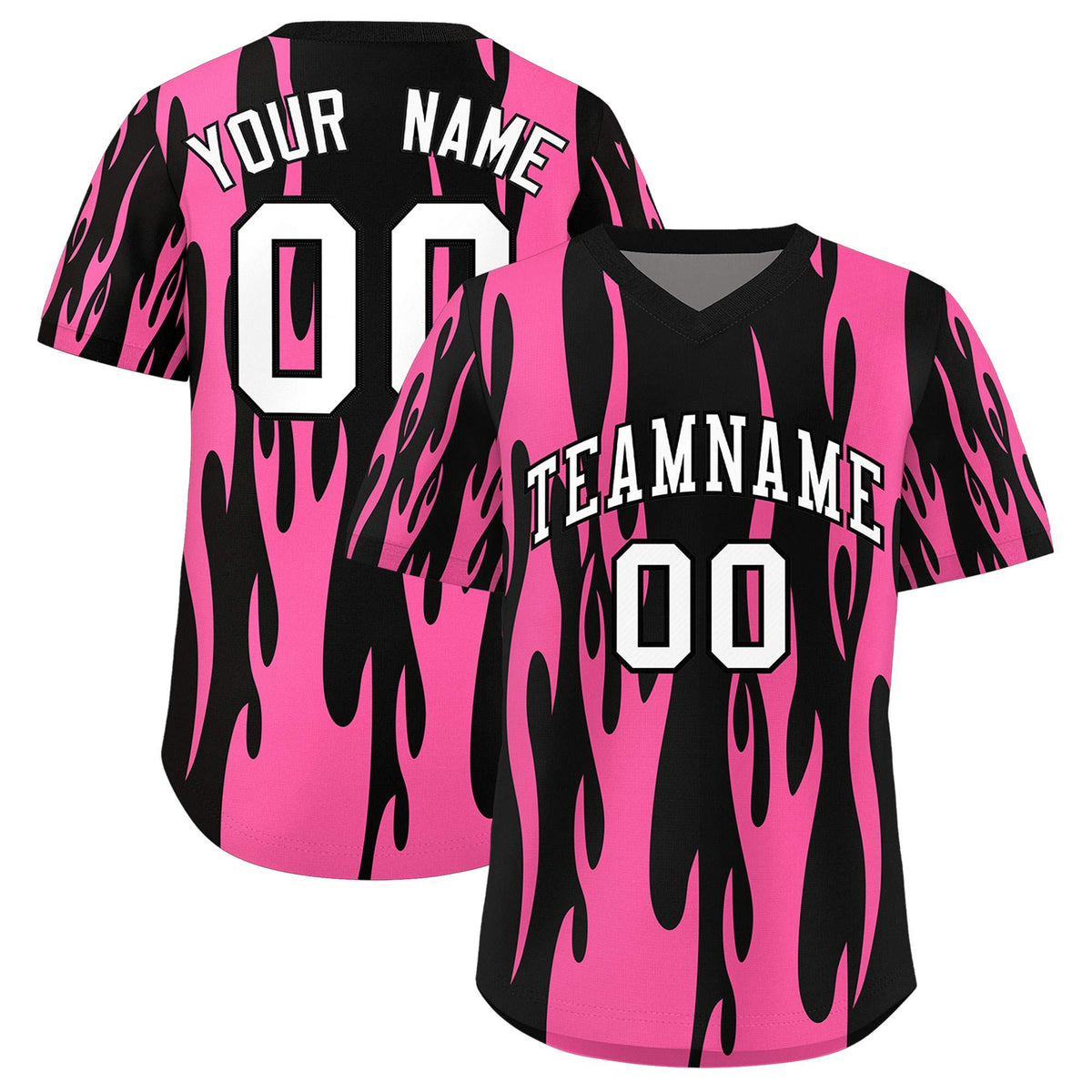 Custom Black Pink Flame Pattern Authentic Pullover Baseball Jersey