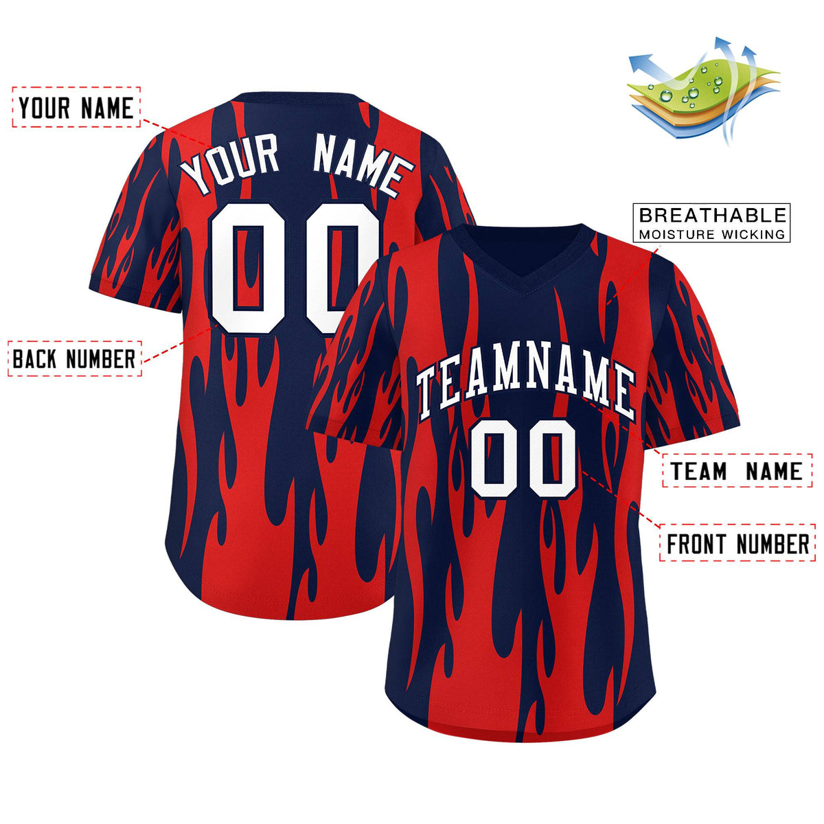 Custom Navy Red Flame Pattern Authentic Pullover Baseball Jersey