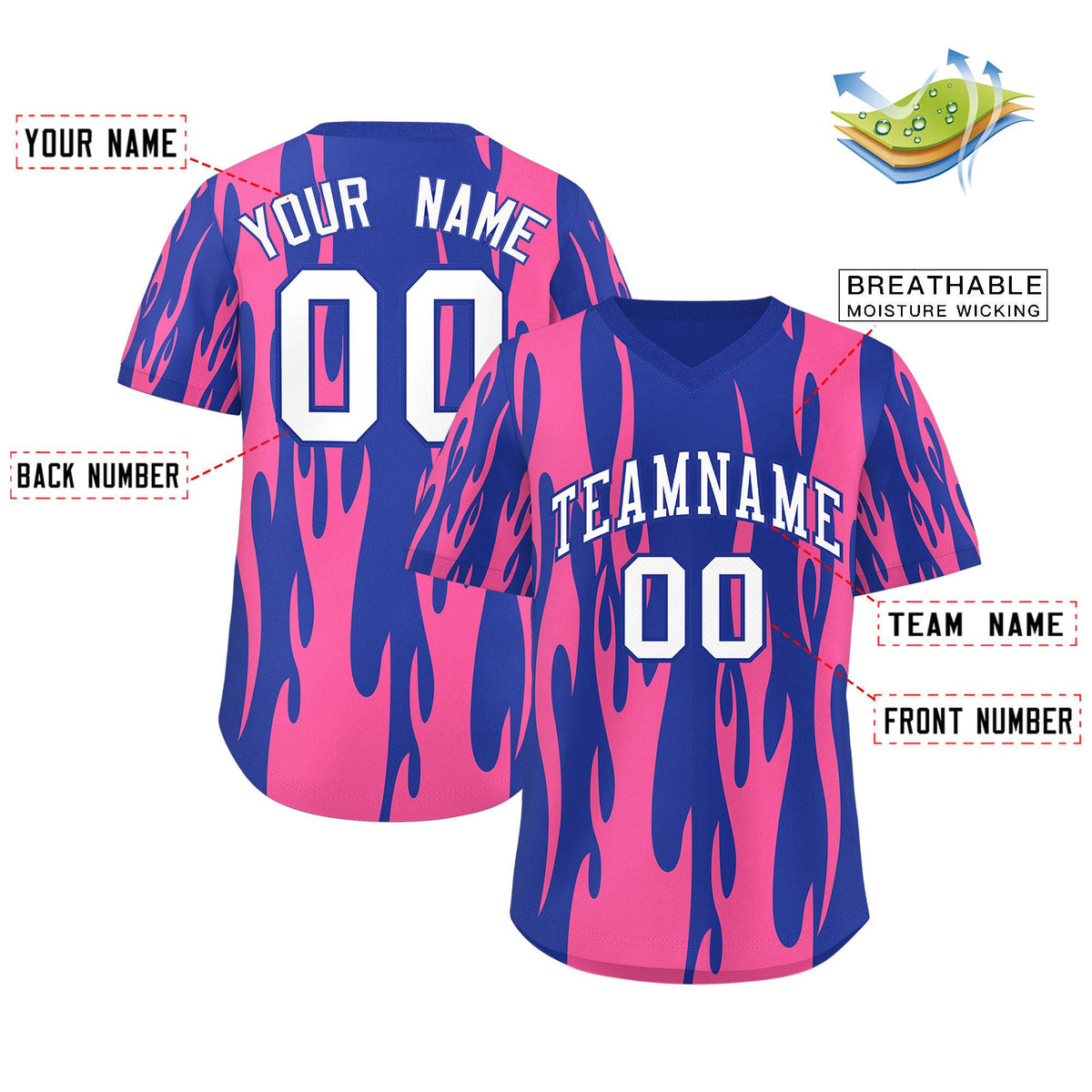 Custom Royal Pink Flame Pattern Authentic Pullover Baseball Jersey