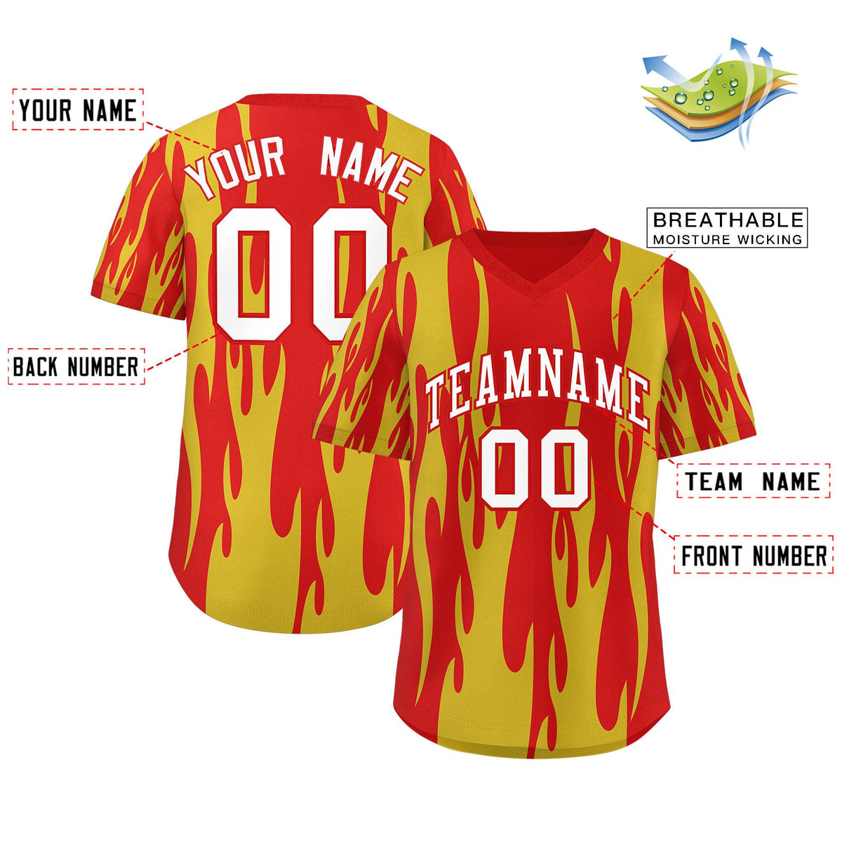 Custom Red Gold Flame Pattern Authentic Pullover Baseball Jersey