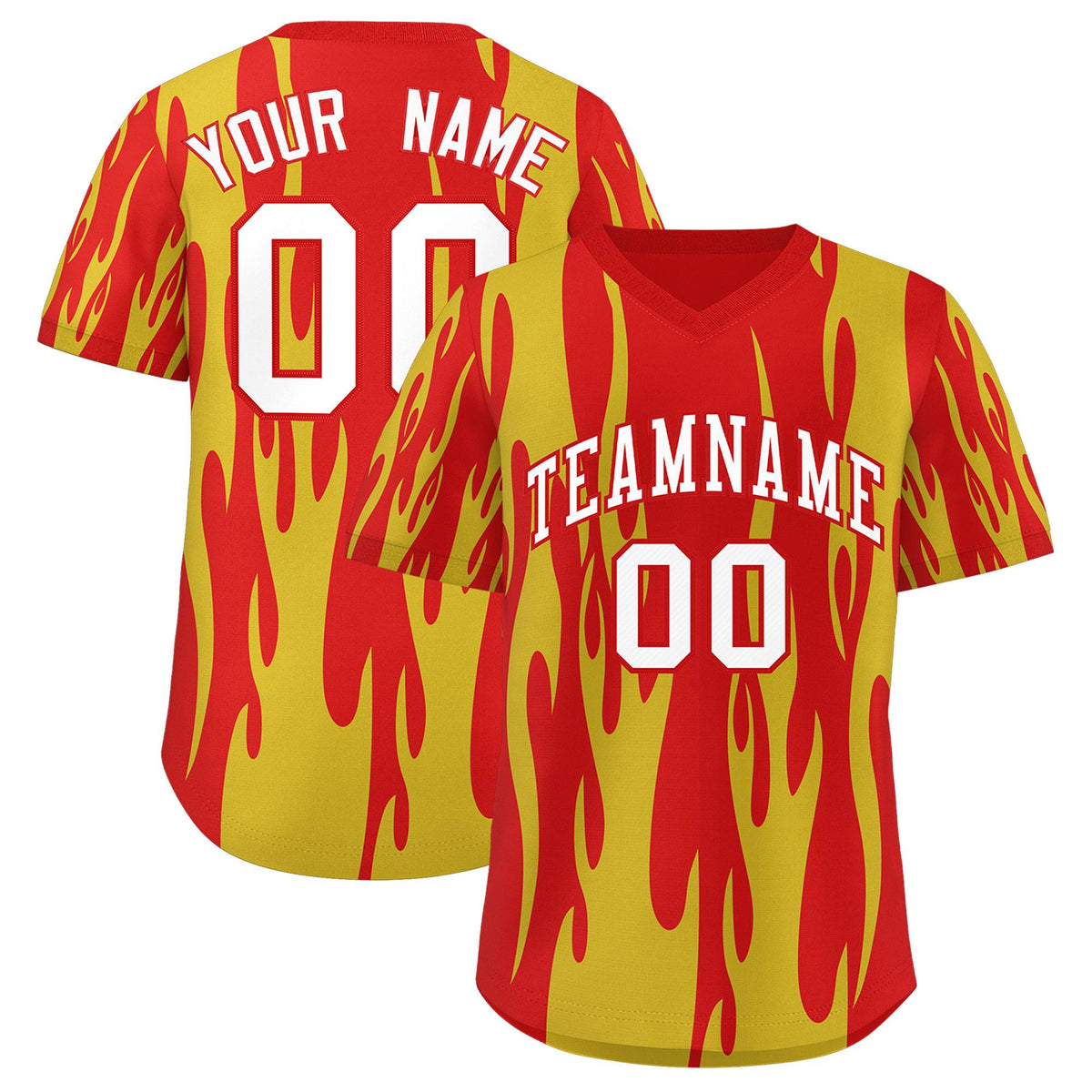 Custom Red Gold Flame Pattern Authentic Pullover Baseball Jersey