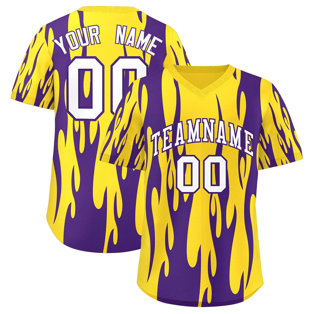 Custom Gold Purple Flame Pattern Authentic Pullover Baseball Jersey