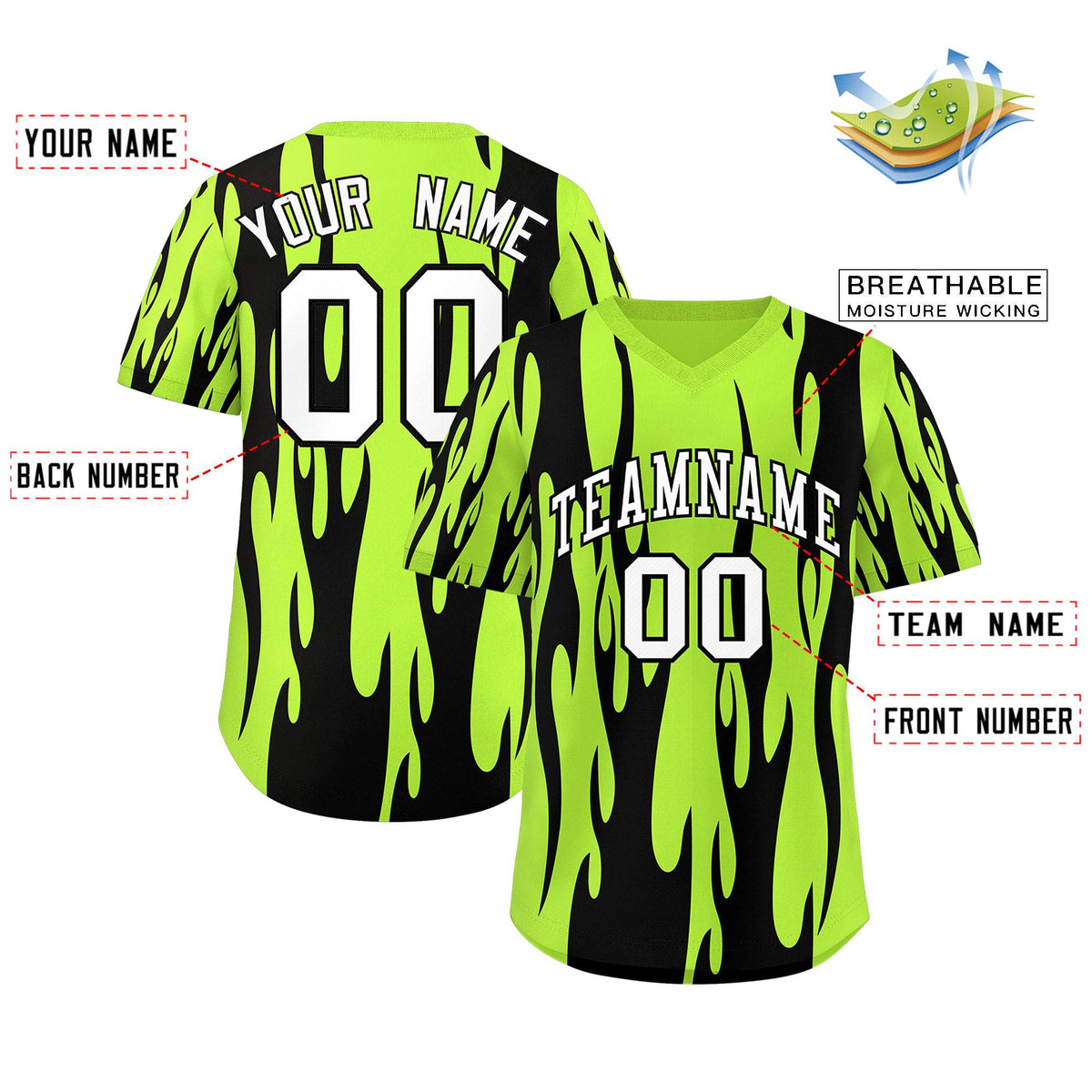 Custom Neon Green Black Flame Pattern Authentic Pullover Baseball Jersey