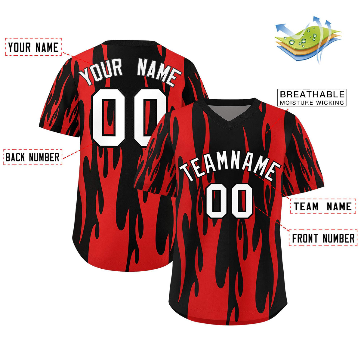 Custom Black Red Flame Pattern Authentic Pullover Baseball Jersey
