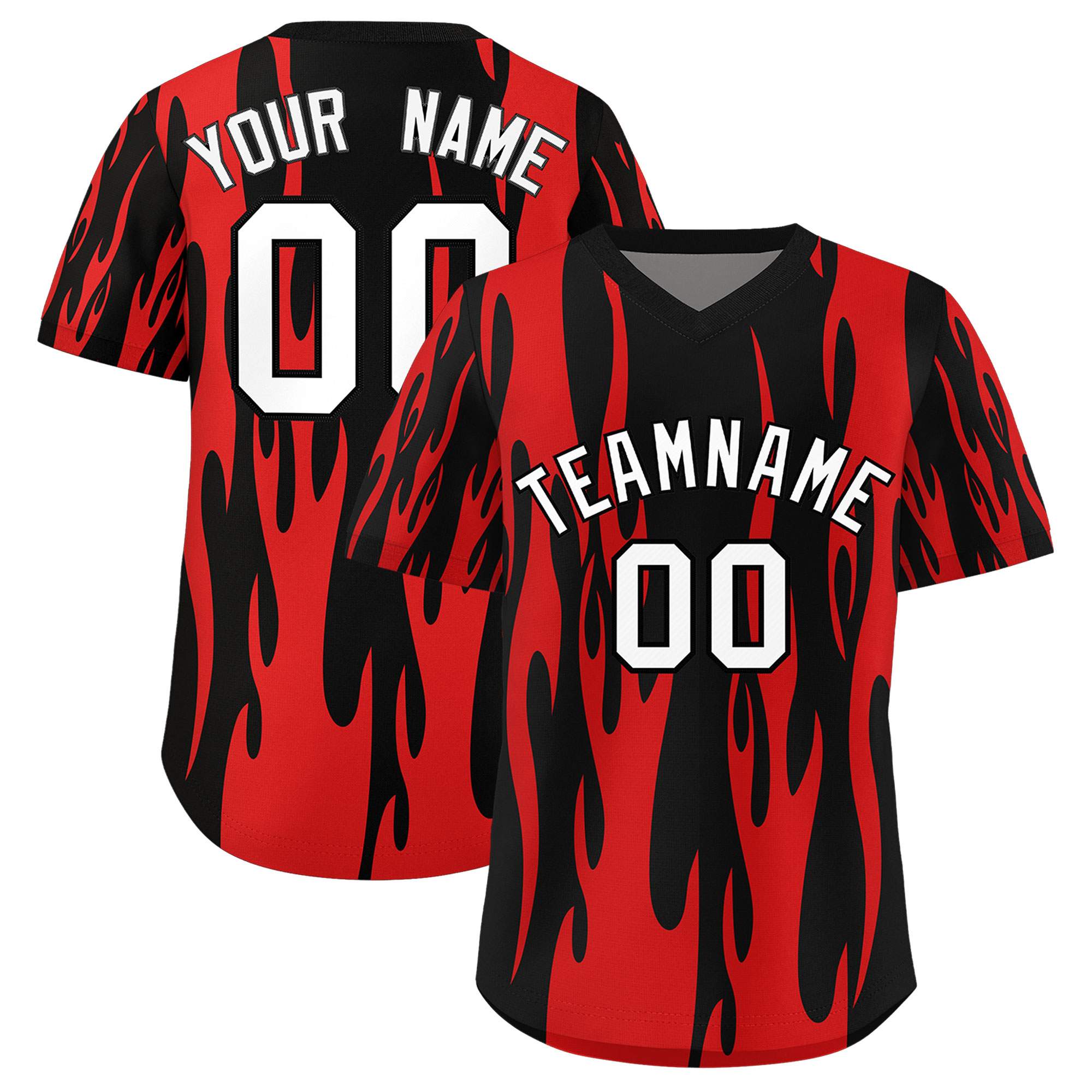 Custom Black Red Flame Pattern Authentic Pullover Baseball Jersey