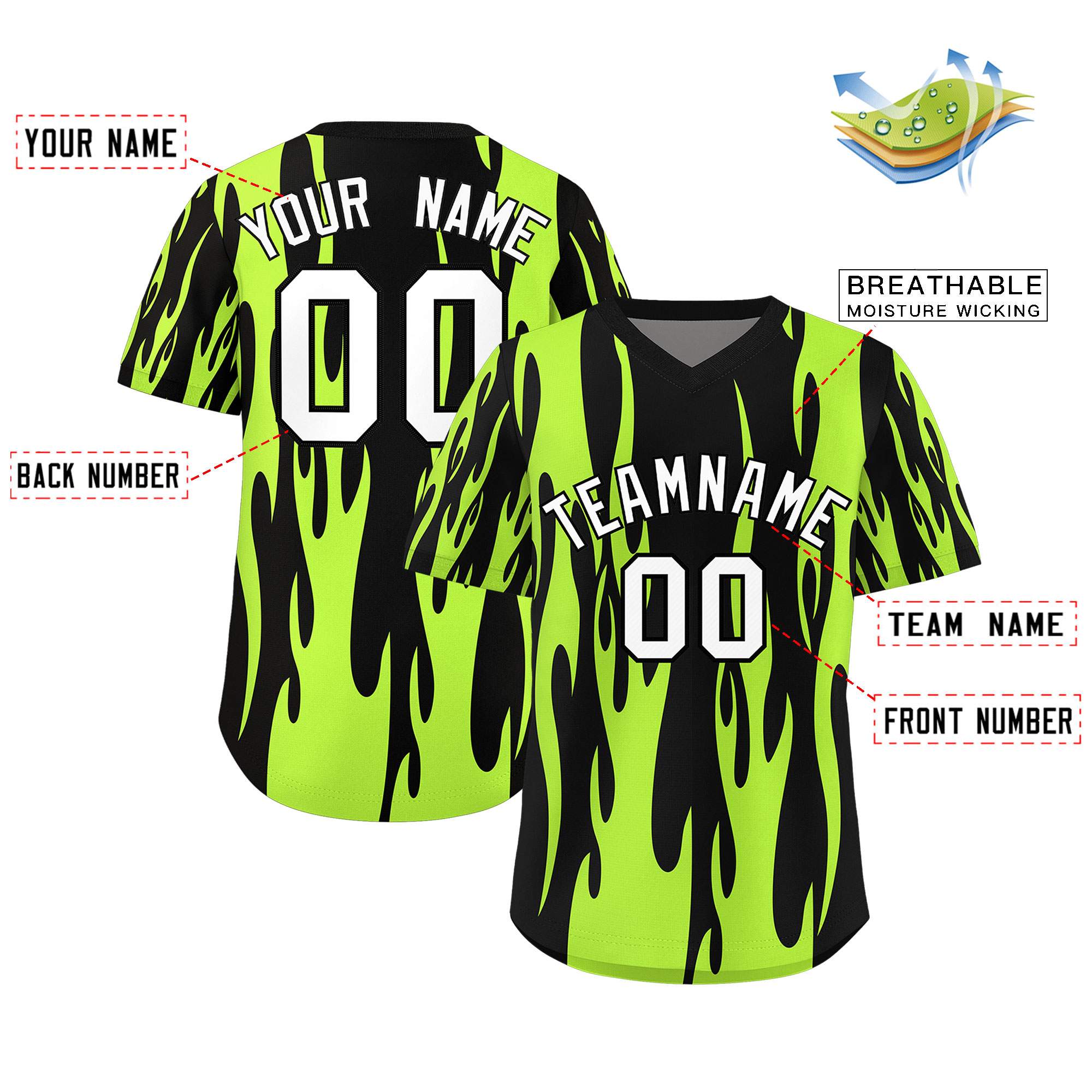 Custom Black Neon Green Flame Pattern Authentic Pullover Baseball Jersey