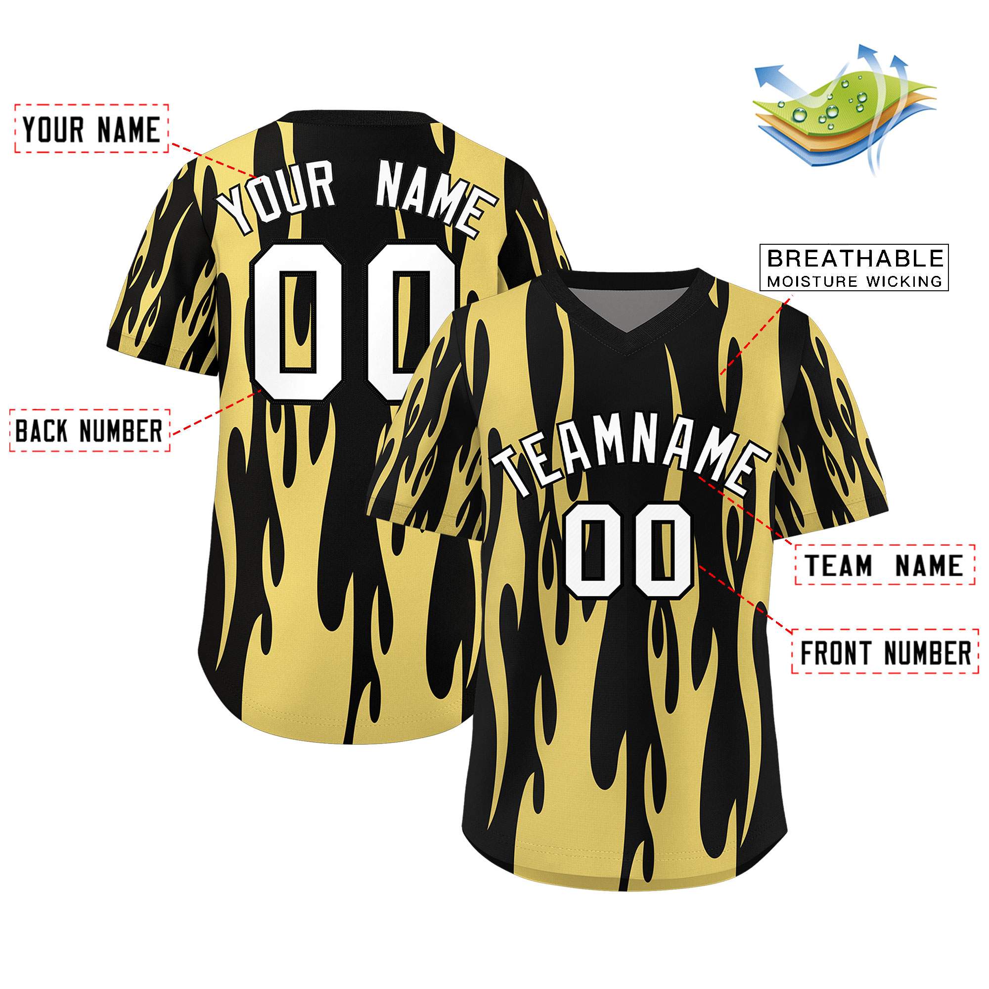 Custom Black Old Gold Flame Pattern Authentic Pullover Baseball Jersey