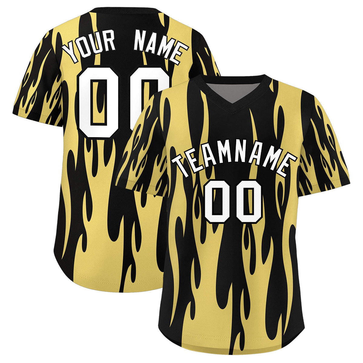 Custom Black Old Gold Flame Pattern Authentic Pullover Baseball Jersey