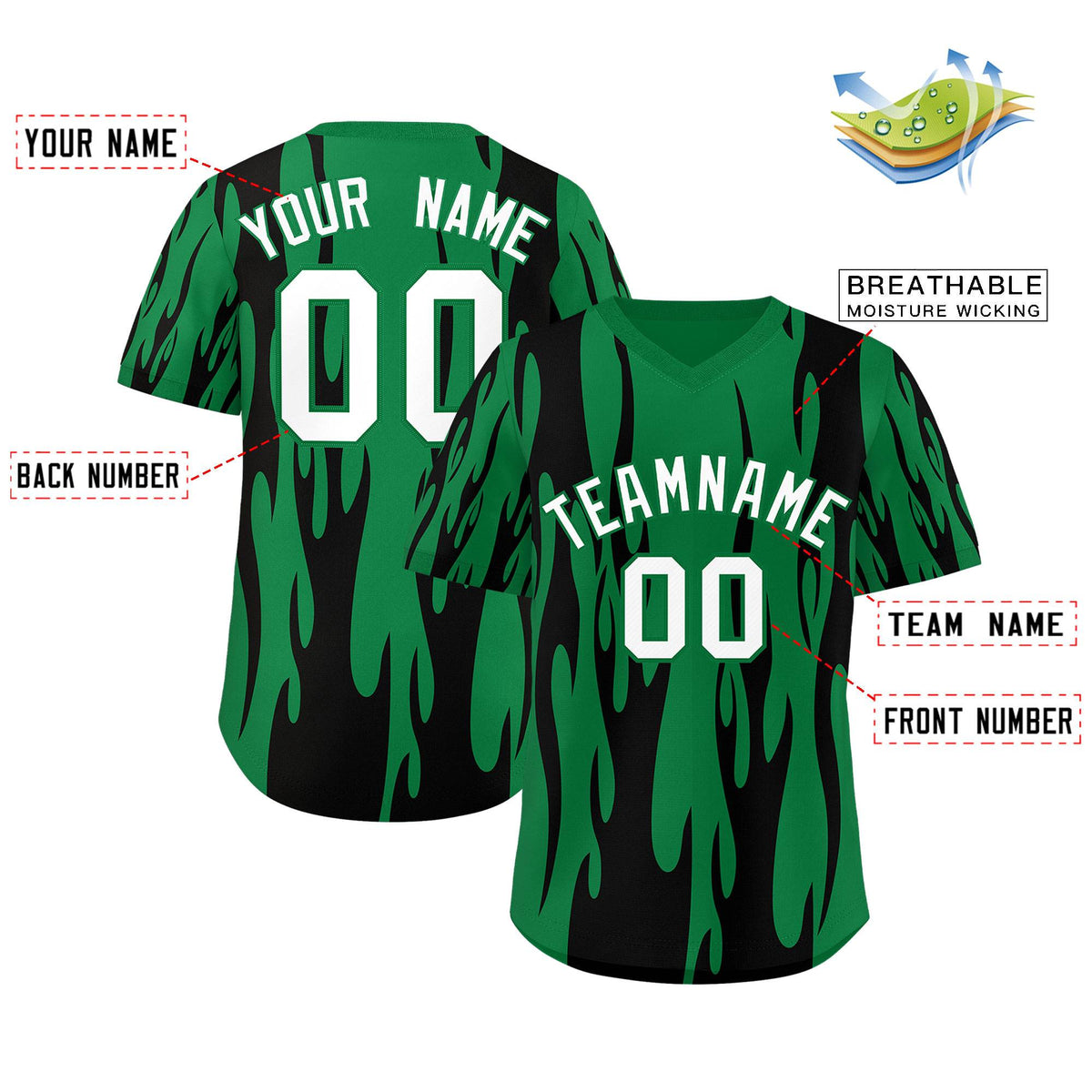Custom Kelly Green Black Flame Pattern Authentic Pullover Baseball Jersey