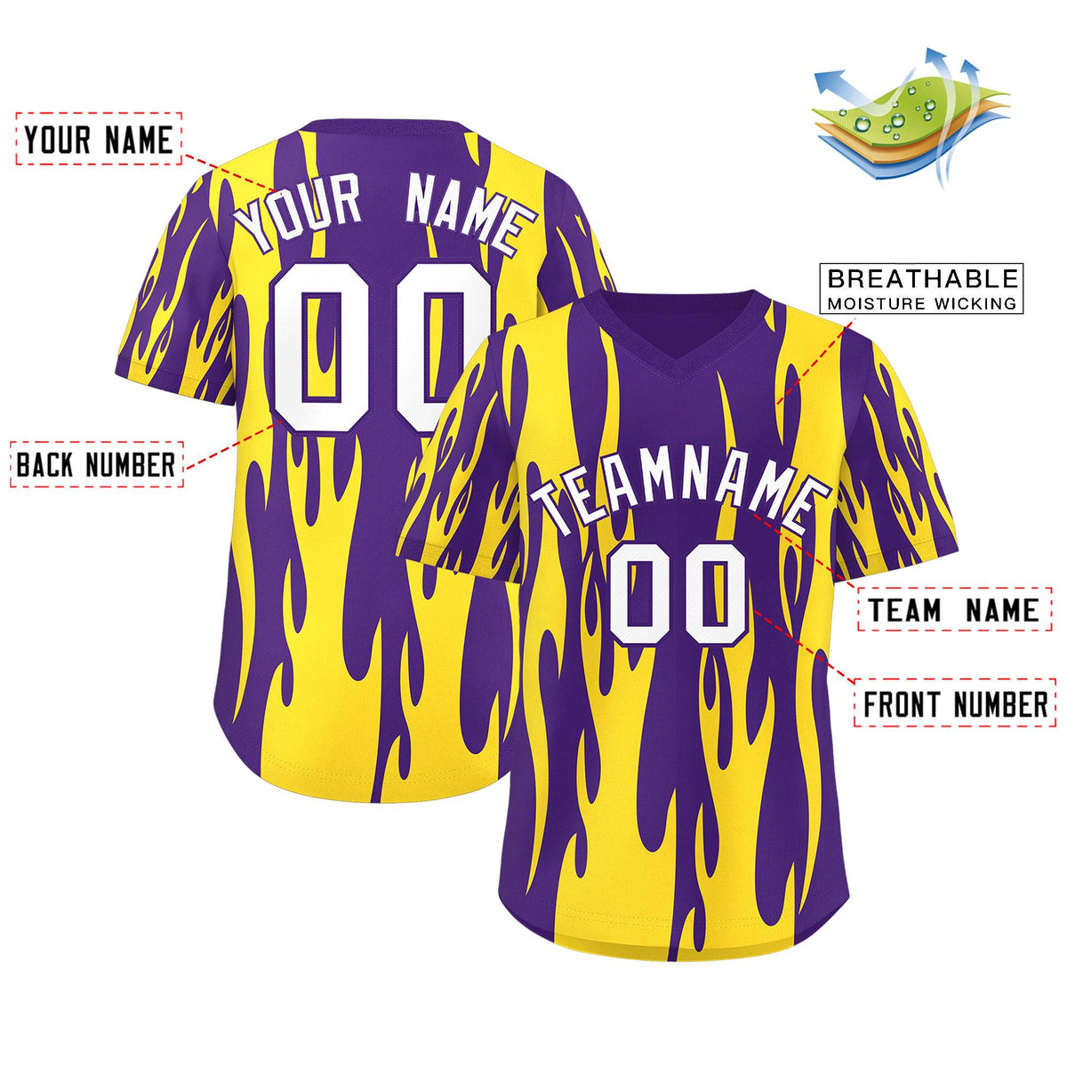 Custom Purple Gold Flame Pattern Authentic Pullover Baseball Jersey