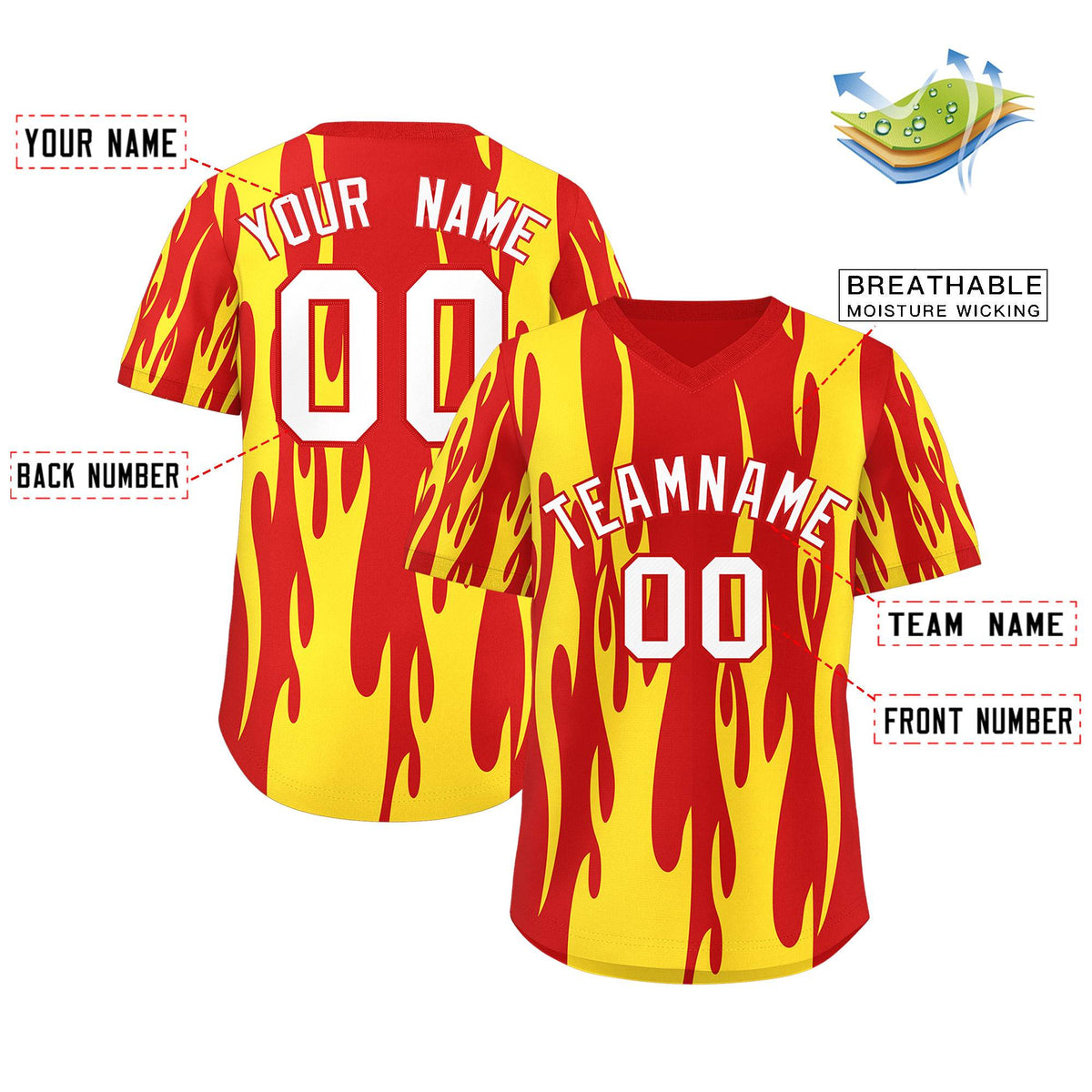 Custom Red Gold Flame Pattern Authentic Pullover Baseball Jersey