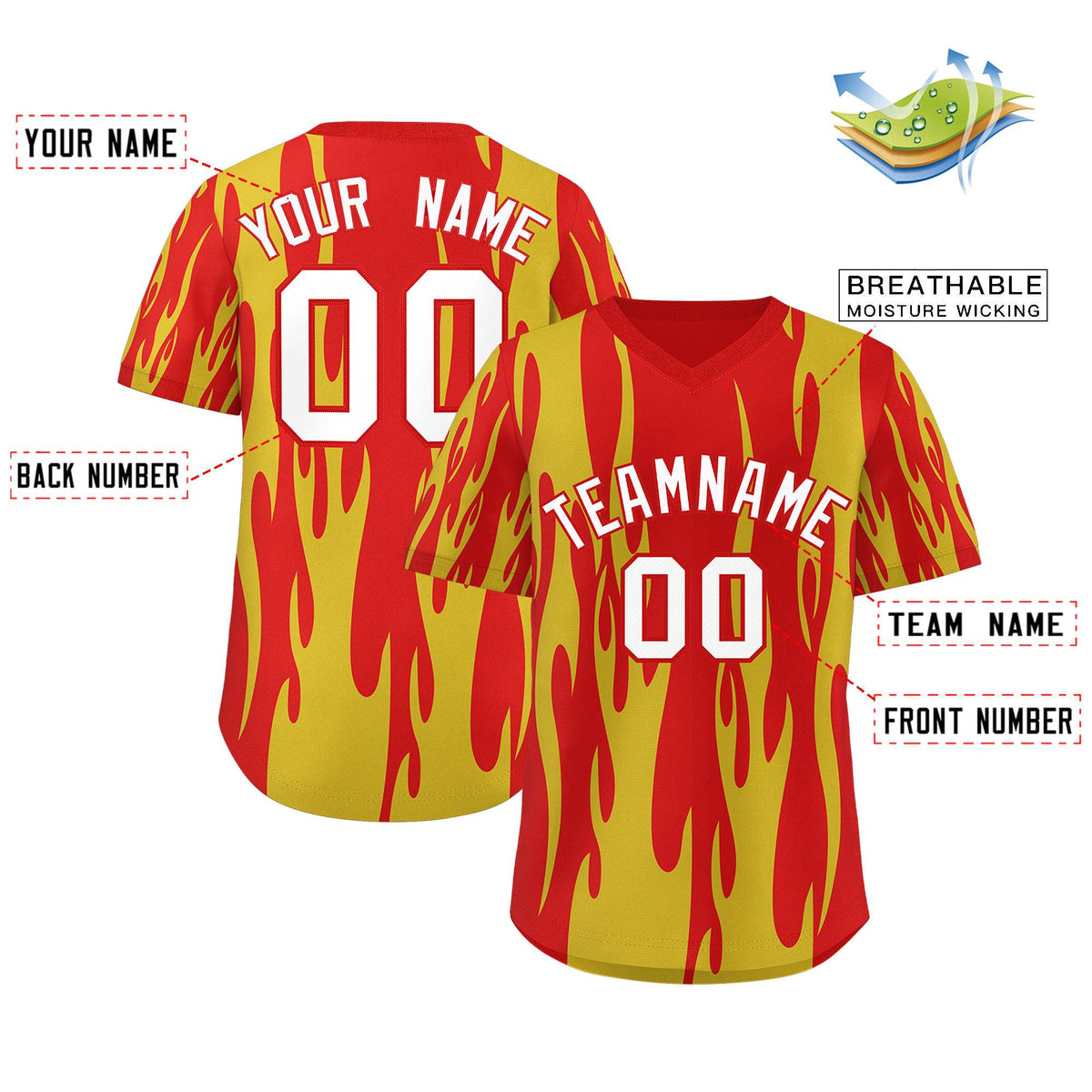 Custom Red Gold Flame Pattern Authentic Pullover Baseball Jersey