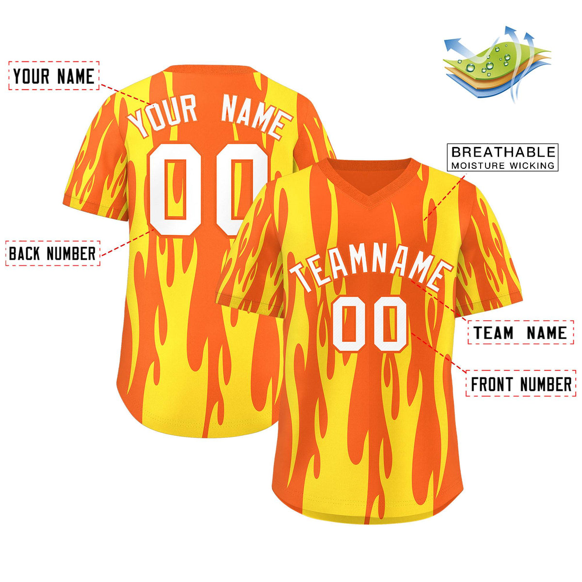 Custom Orange Gold Flame Pattern Authentic Pullover Baseball Jersey