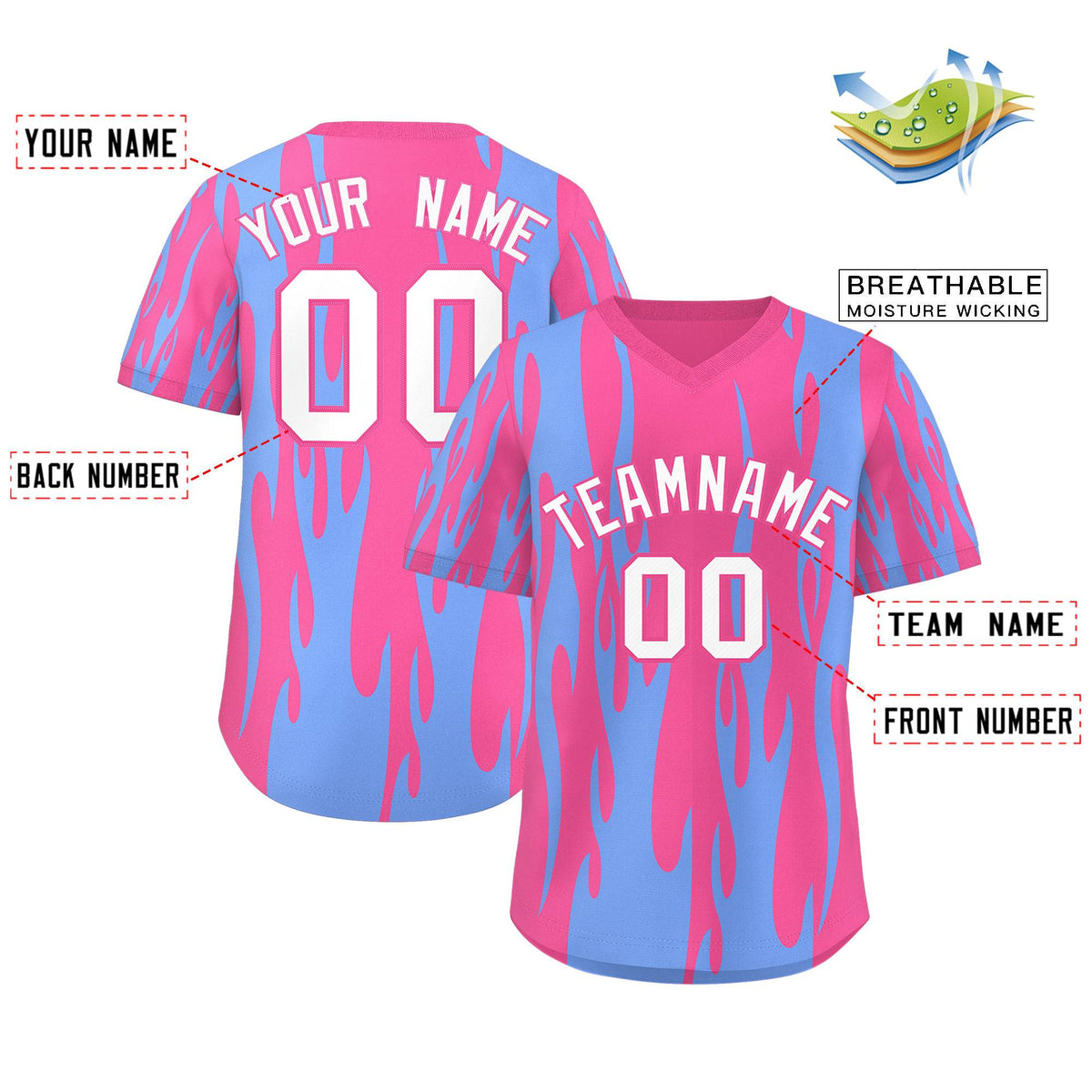 Custom Pink Light Blue Flame Pattern Authentic Pullover Baseball Jersey