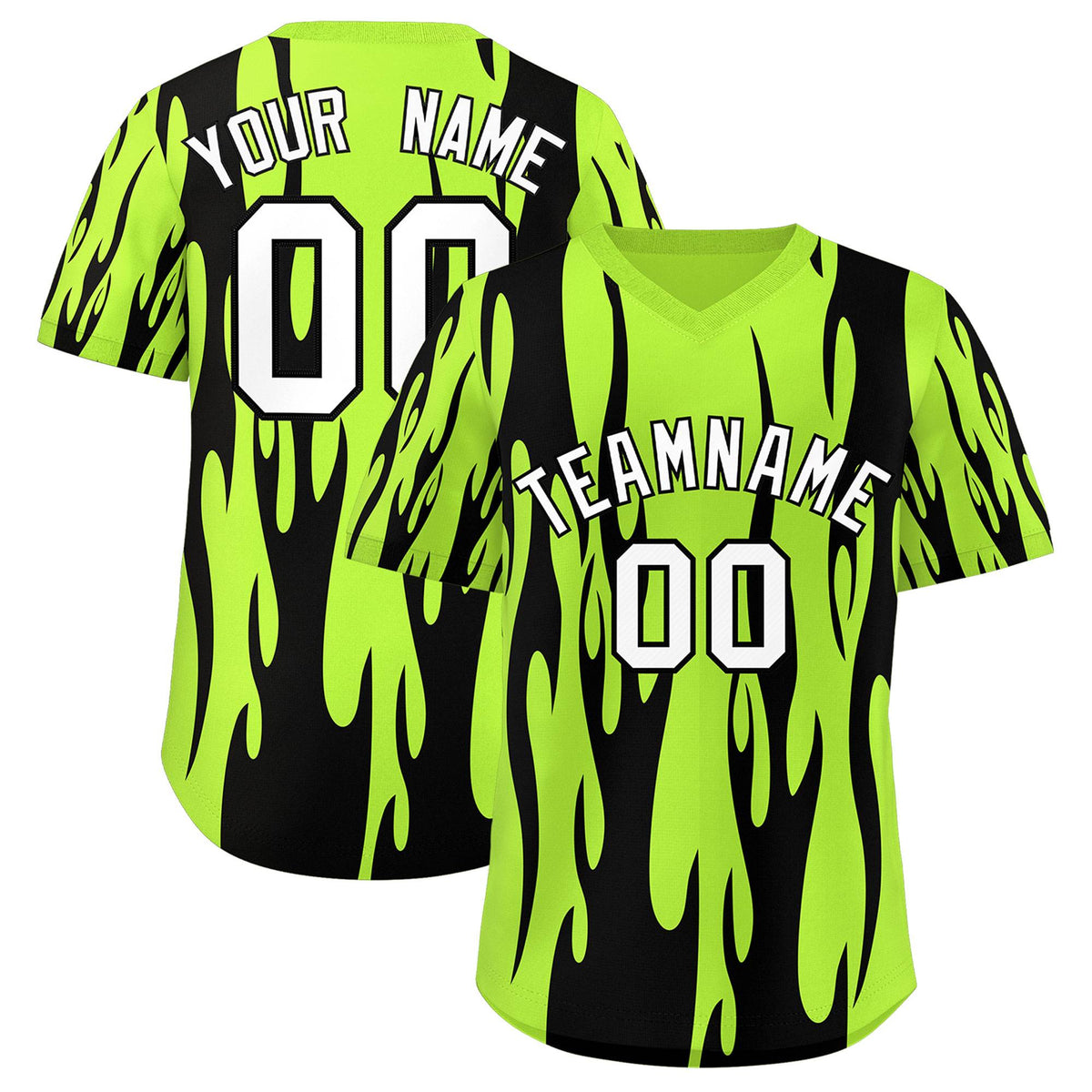 Custom Neon Green Black Flame Pattern Authentic Pullover Baseball Jersey