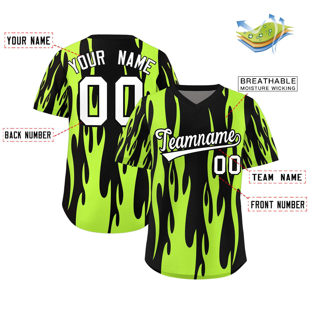 Custom Black Neon Green Flame Pattern Authentic Pullover Baseball Jersey