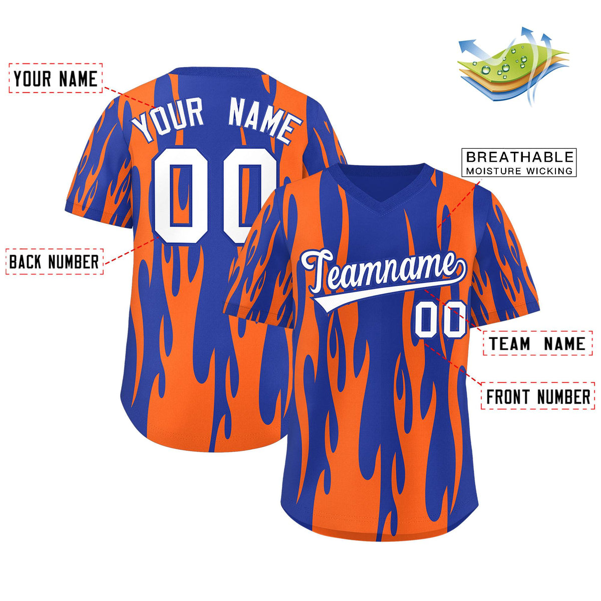 Custom Royal Orange Flame Pattern Authentic Pullover Baseball Jersey