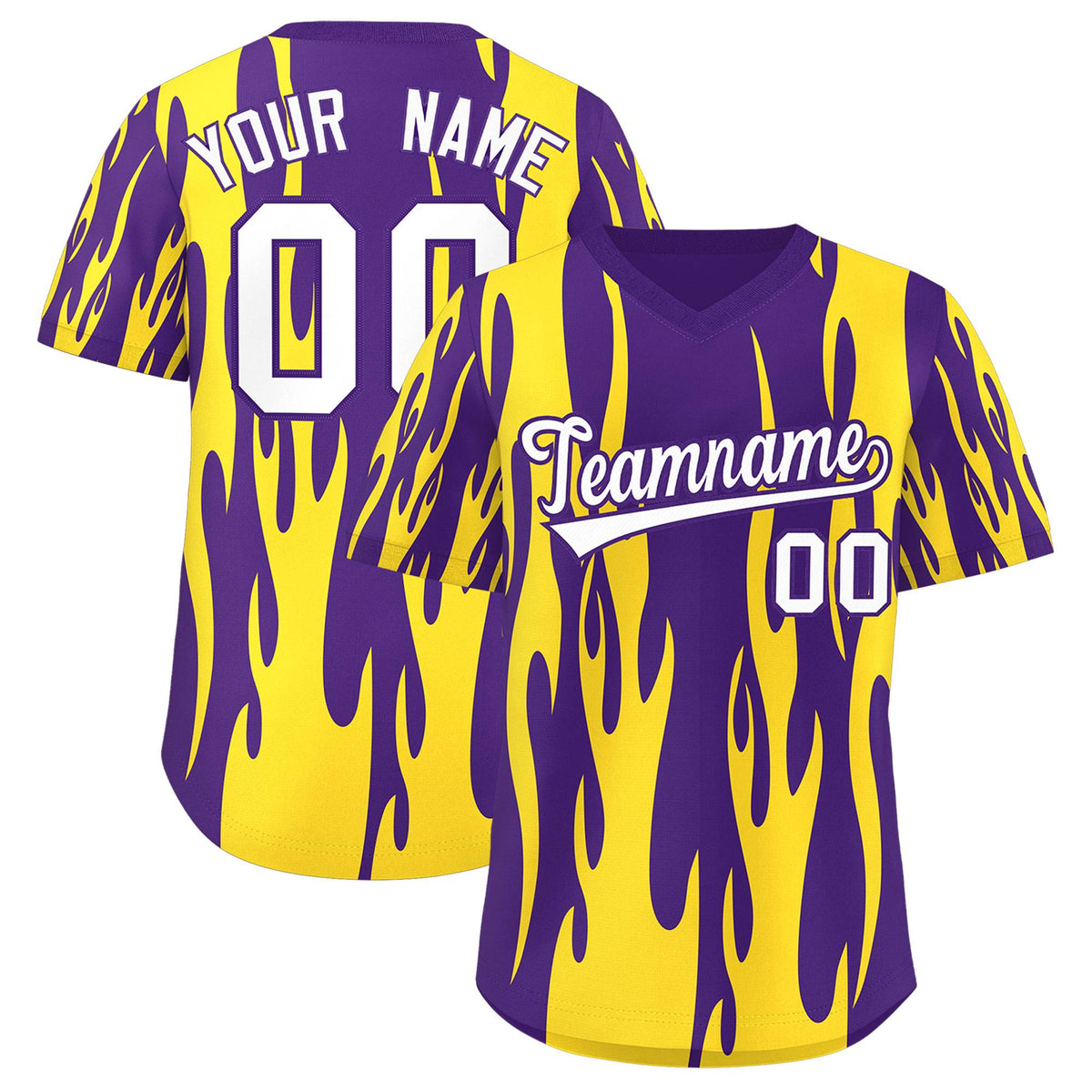 Custom Purple Gold Flame Pattern Authentic Pullover Baseball Jersey