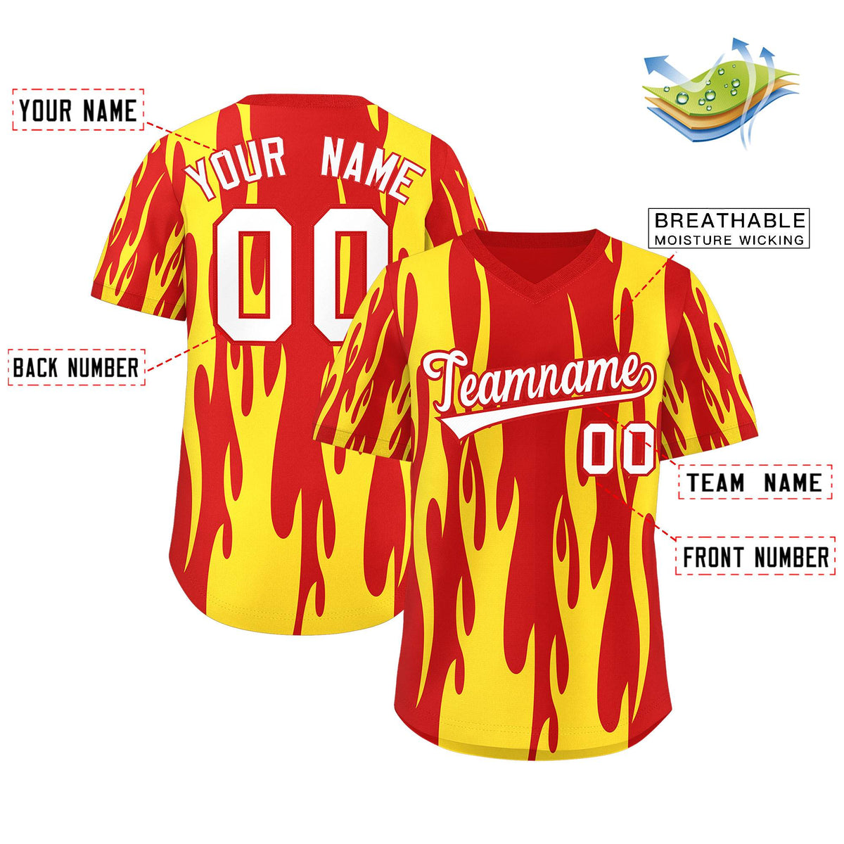 Custom Red Gold Flame Pattern Authentic Pullover Baseball Jersey