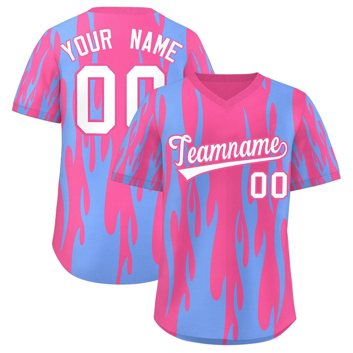 Custom Pink Light Blue Flame Pattern Authentic Pullover Baseball Jersey