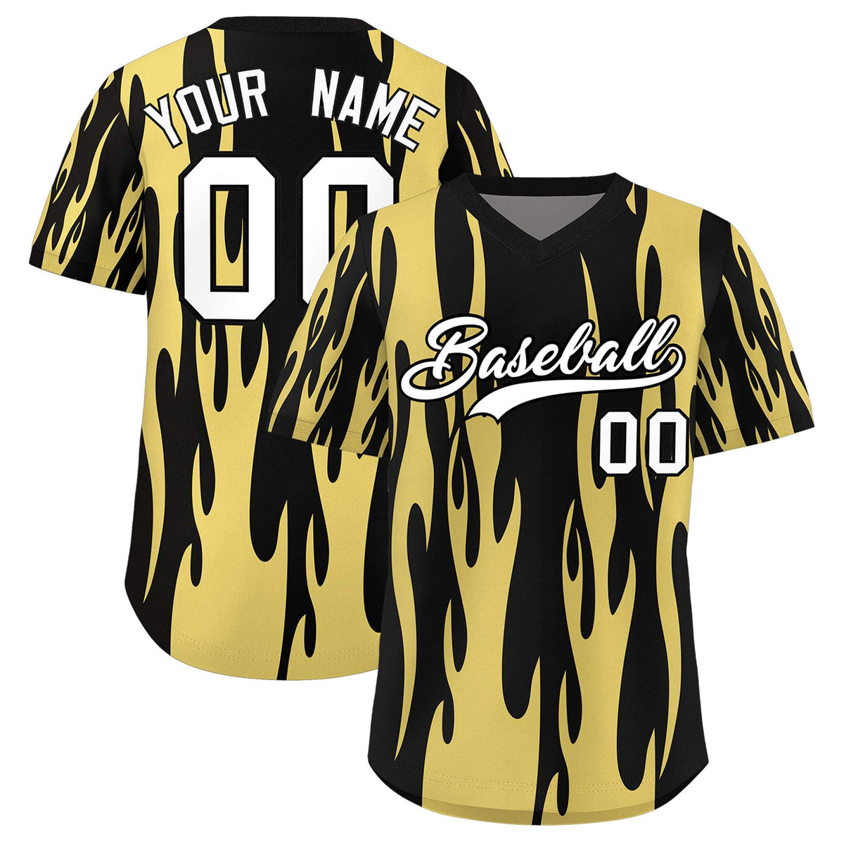 Custom Black Old Gold Flame Pattern Authentic Pullover Baseball Jersey