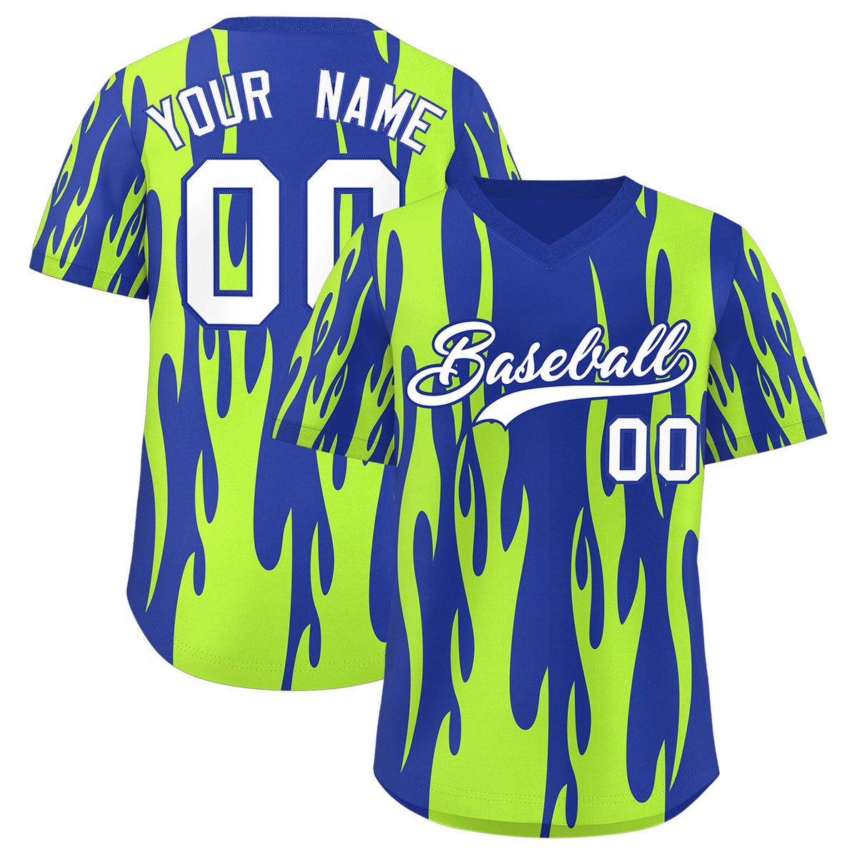 Custom Royal Neon Green Flame Pattern Authentic Pullover Baseball Jersey