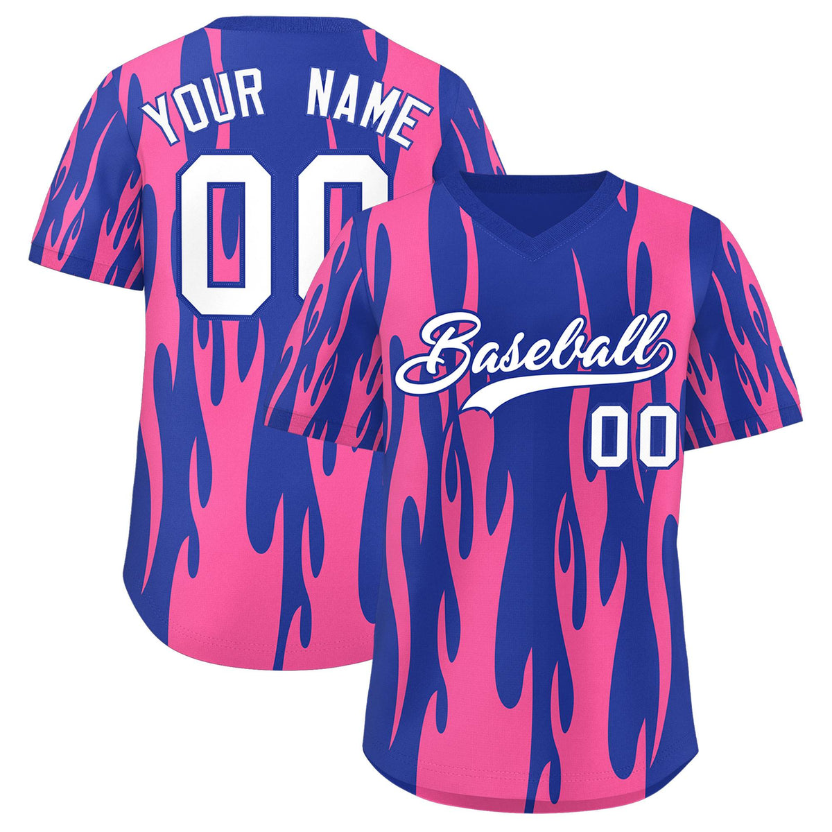 Custom Royal Pink Flame Pattern Authentic Pullover Baseball Jersey