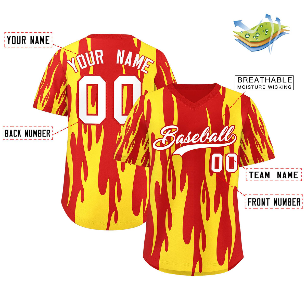 Custom Red Gold Flame Pattern Authentic Pullover Baseball Jersey