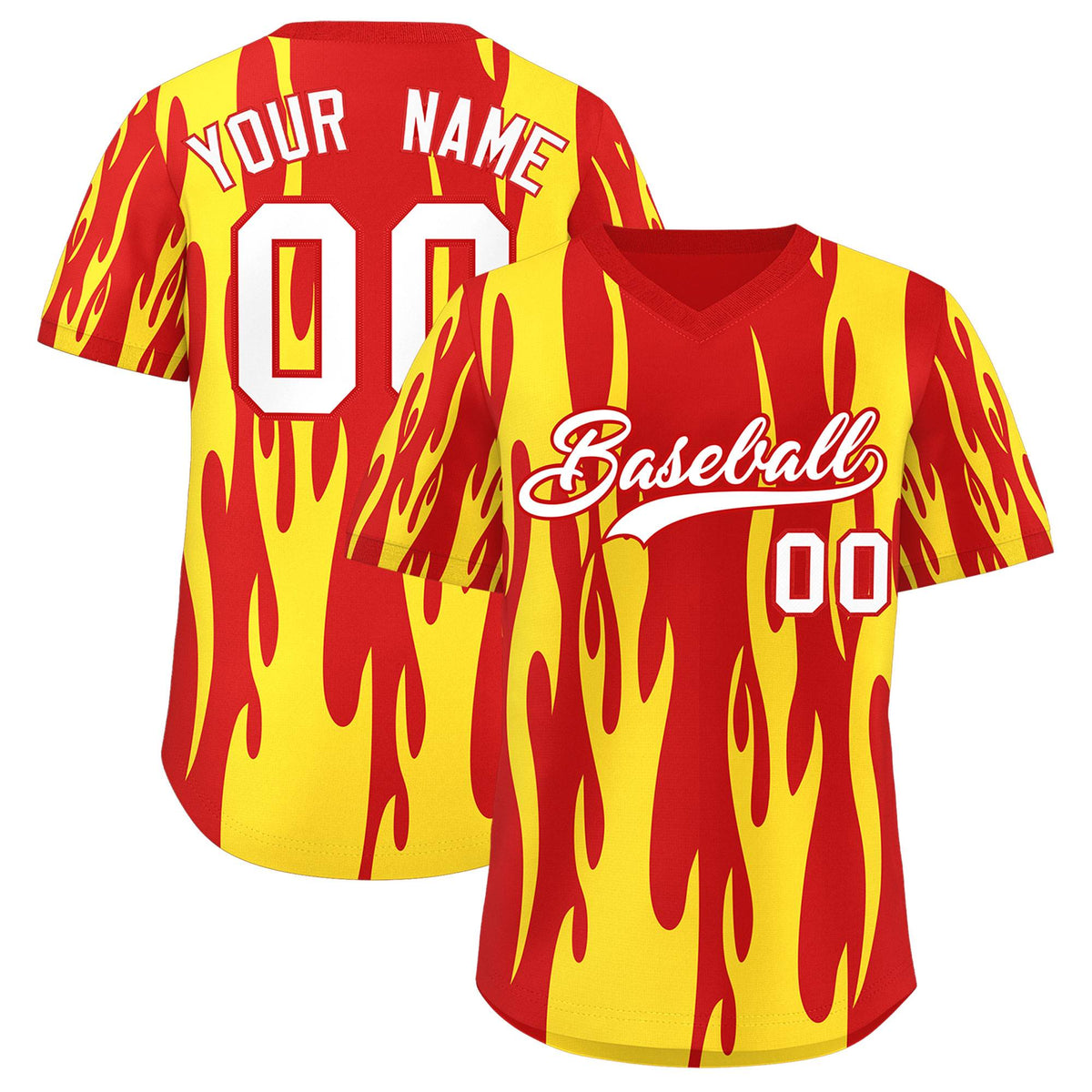 Custom Red Gold Flame Pattern Authentic Pullover Baseball Jersey