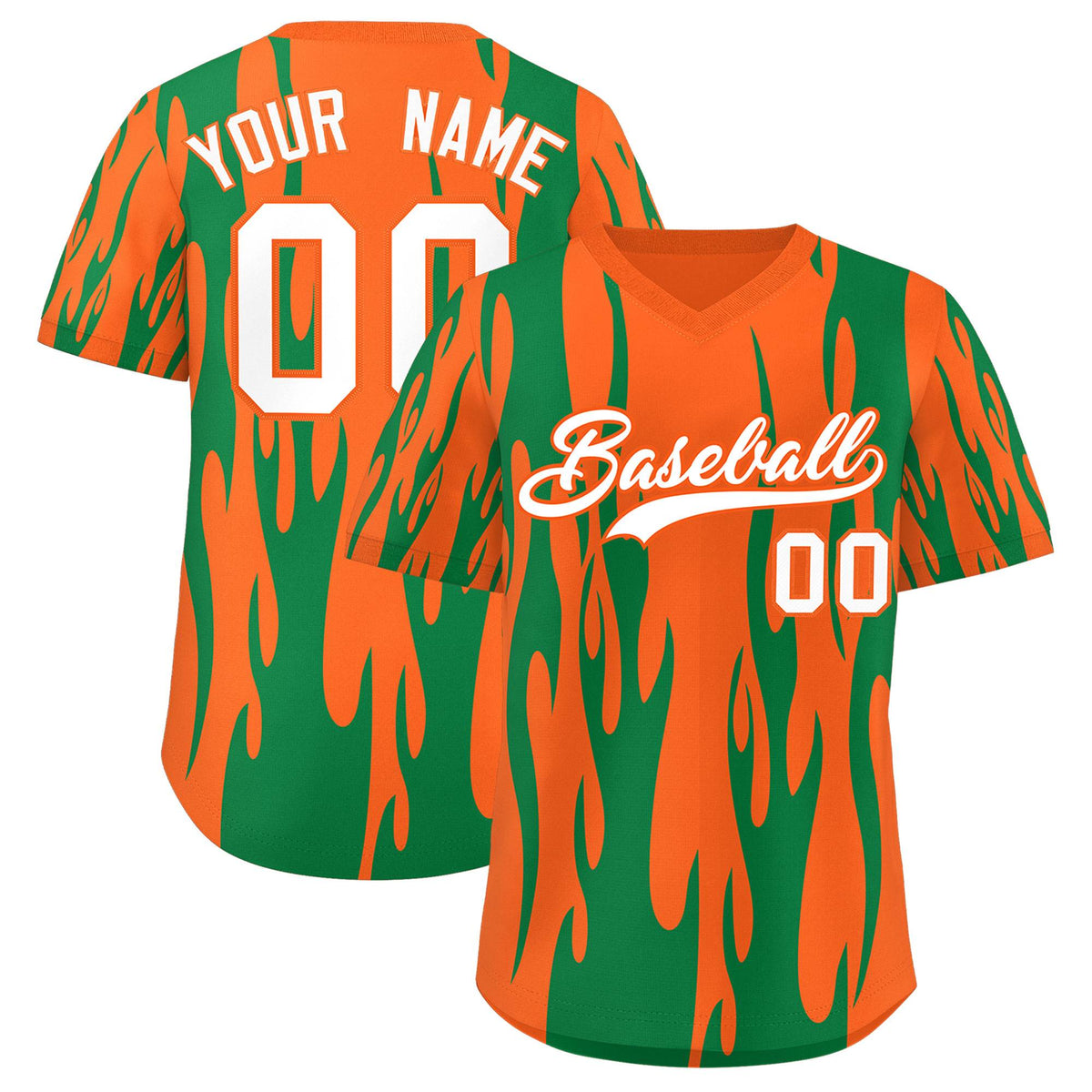 Custom Orange Kelly Green Flame Pattern Authentic Pullover Baseball Jersey