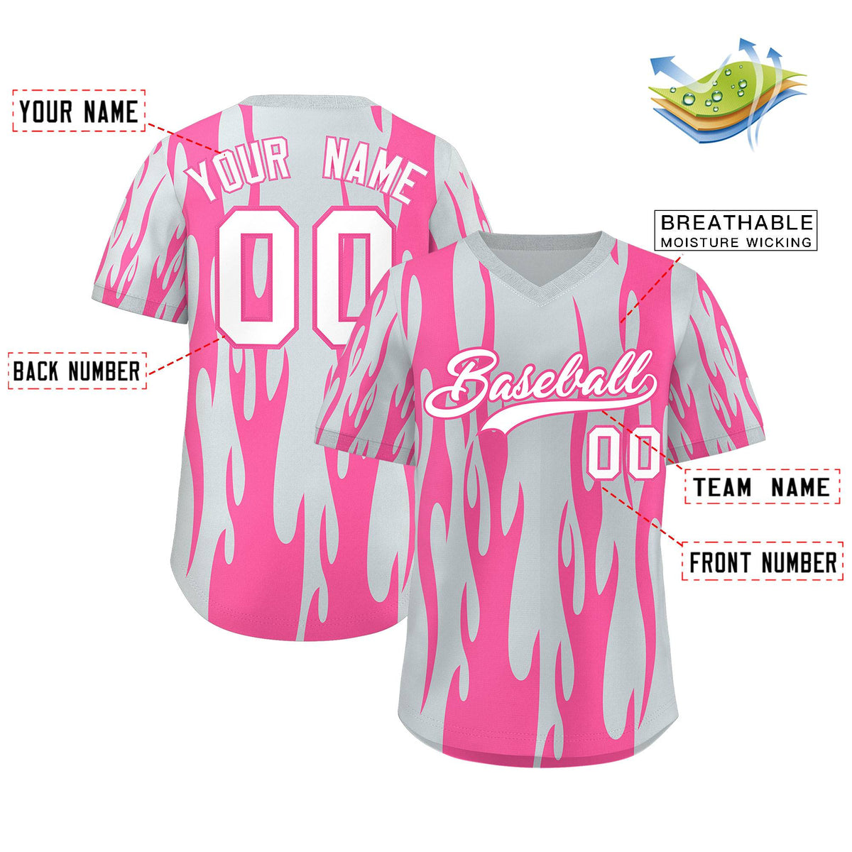 Custom Pink Silver Flame Pattern Authentic Pullover Baseball Jersey