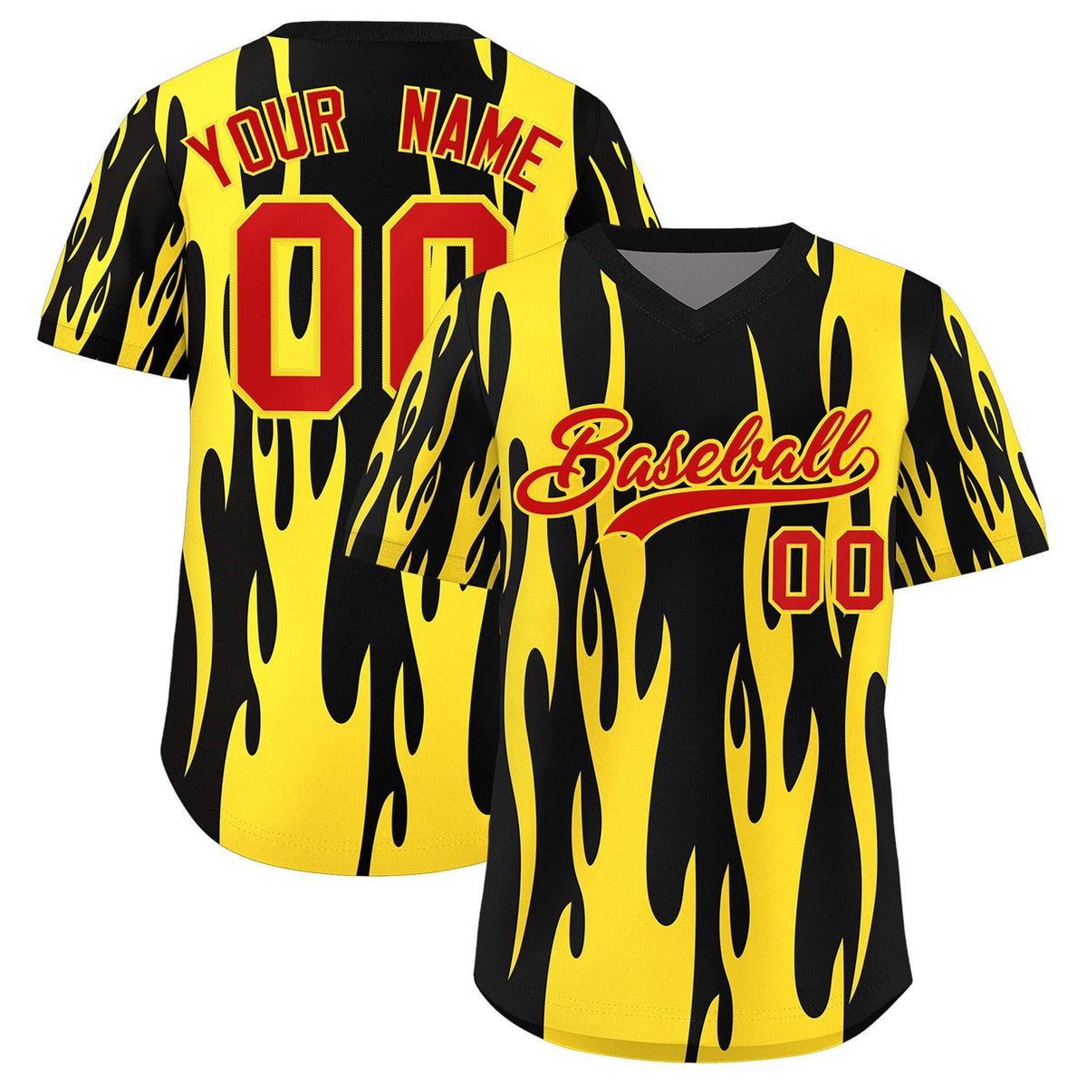 Custom Black Gold Flame Pattern Authentic Pullover Baseball Jersey