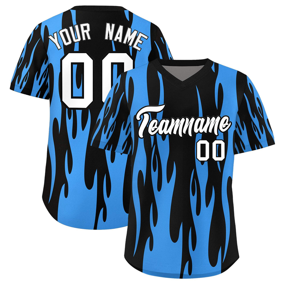 Custom Black Powder Blue Flame Pattern Authentic Pullover Baseball Jersey