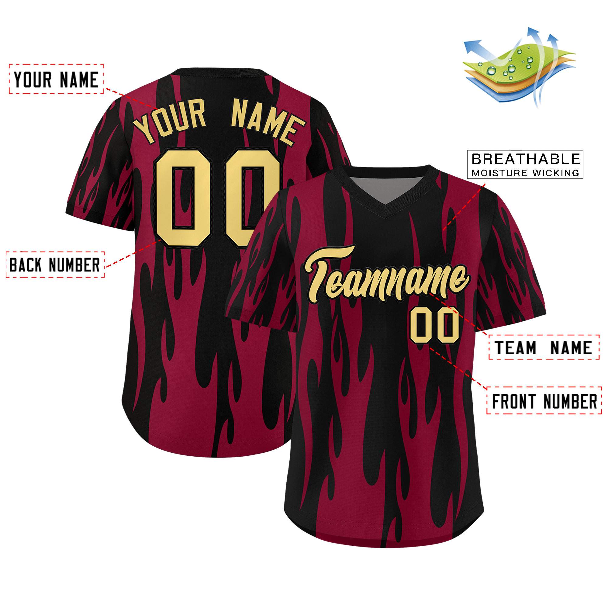 Custom Black Crimson Flame Pattern Authentic Pullover Baseball Jersey