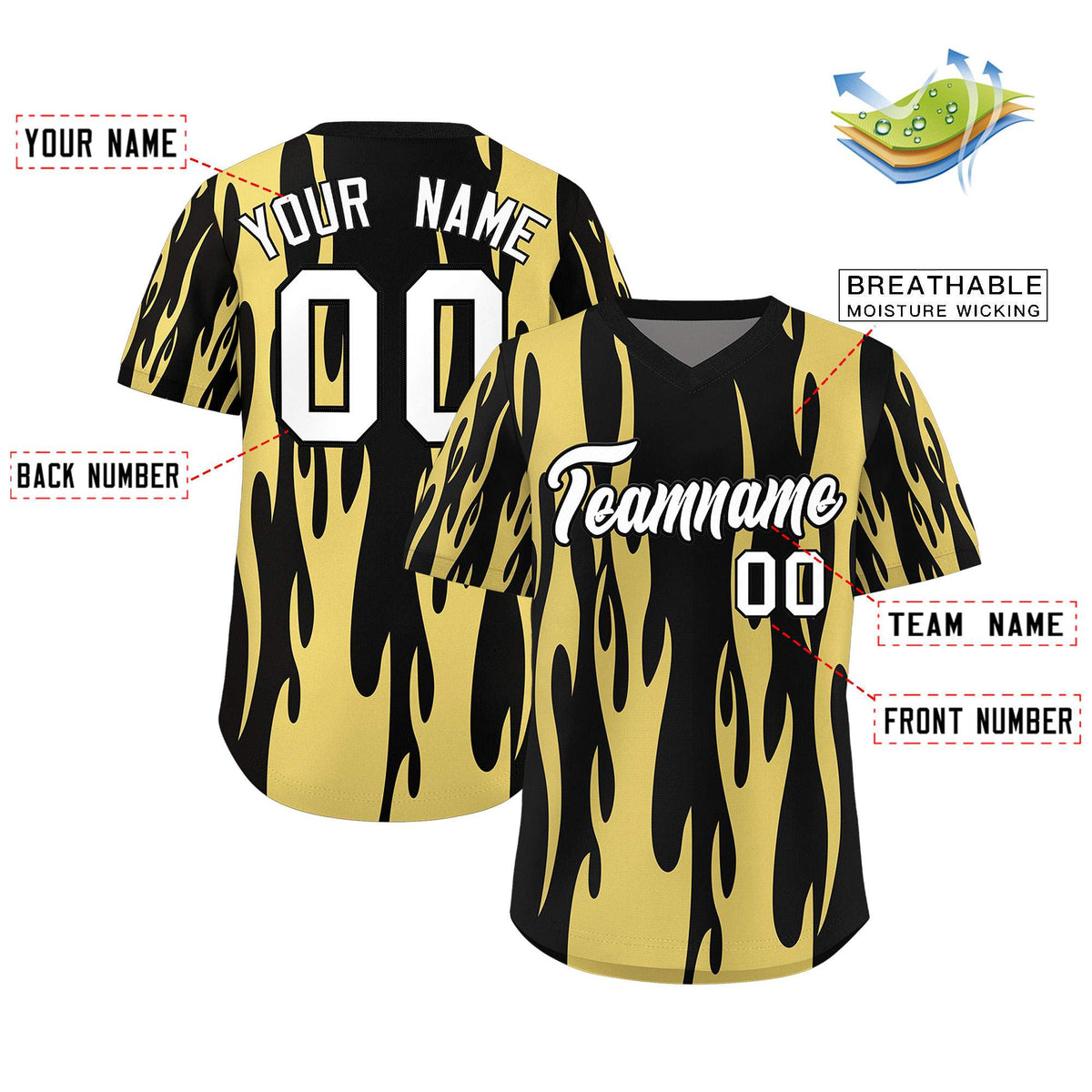 Custom Black Old Gold Flame Pattern Authentic Pullover Baseball Jersey