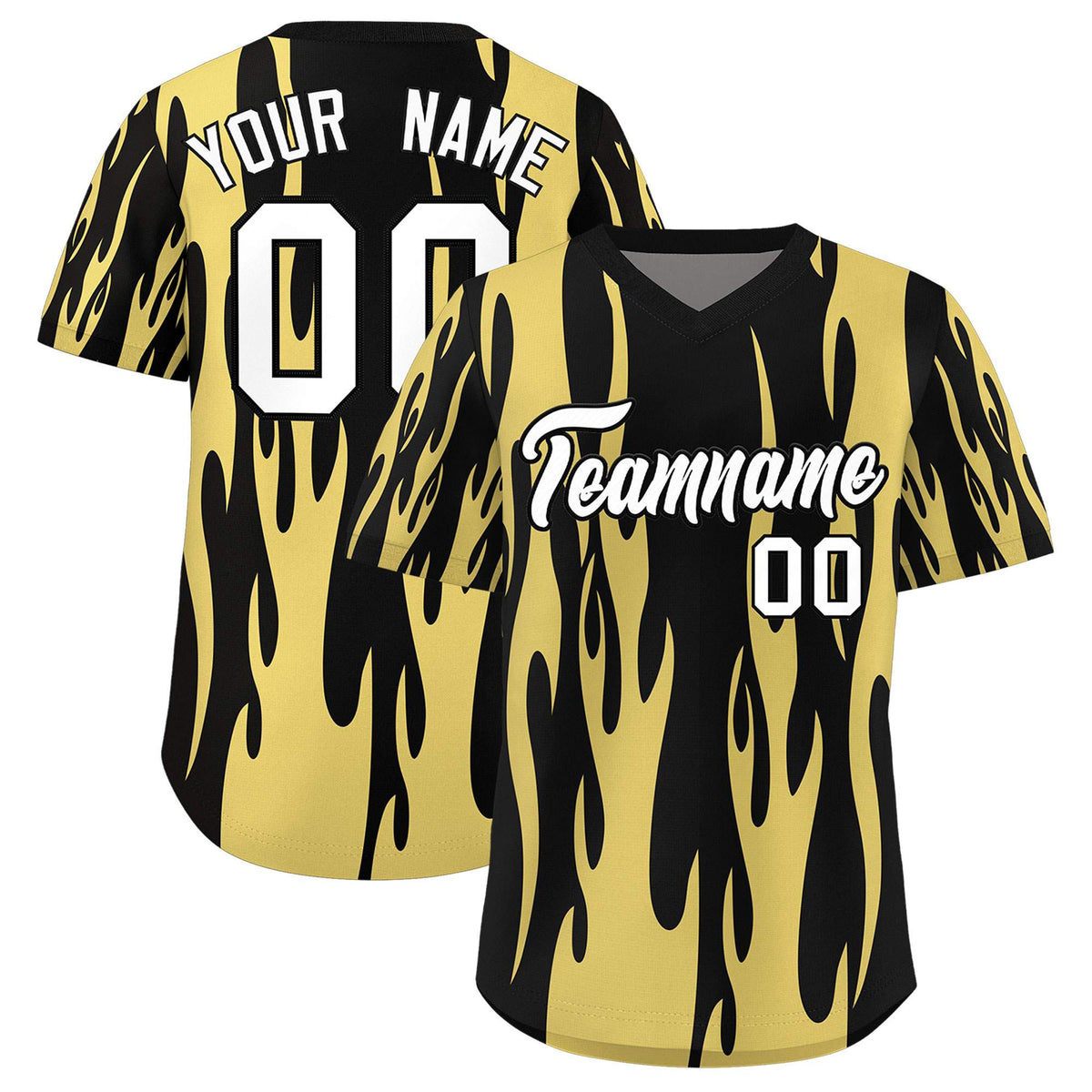 Custom Black Old Gold Flame Pattern Authentic Pullover Baseball Jersey