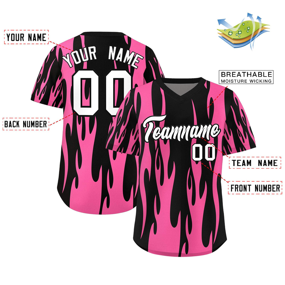 Custom Black Pink Flame Pattern Authentic Pullover Baseball Jersey
